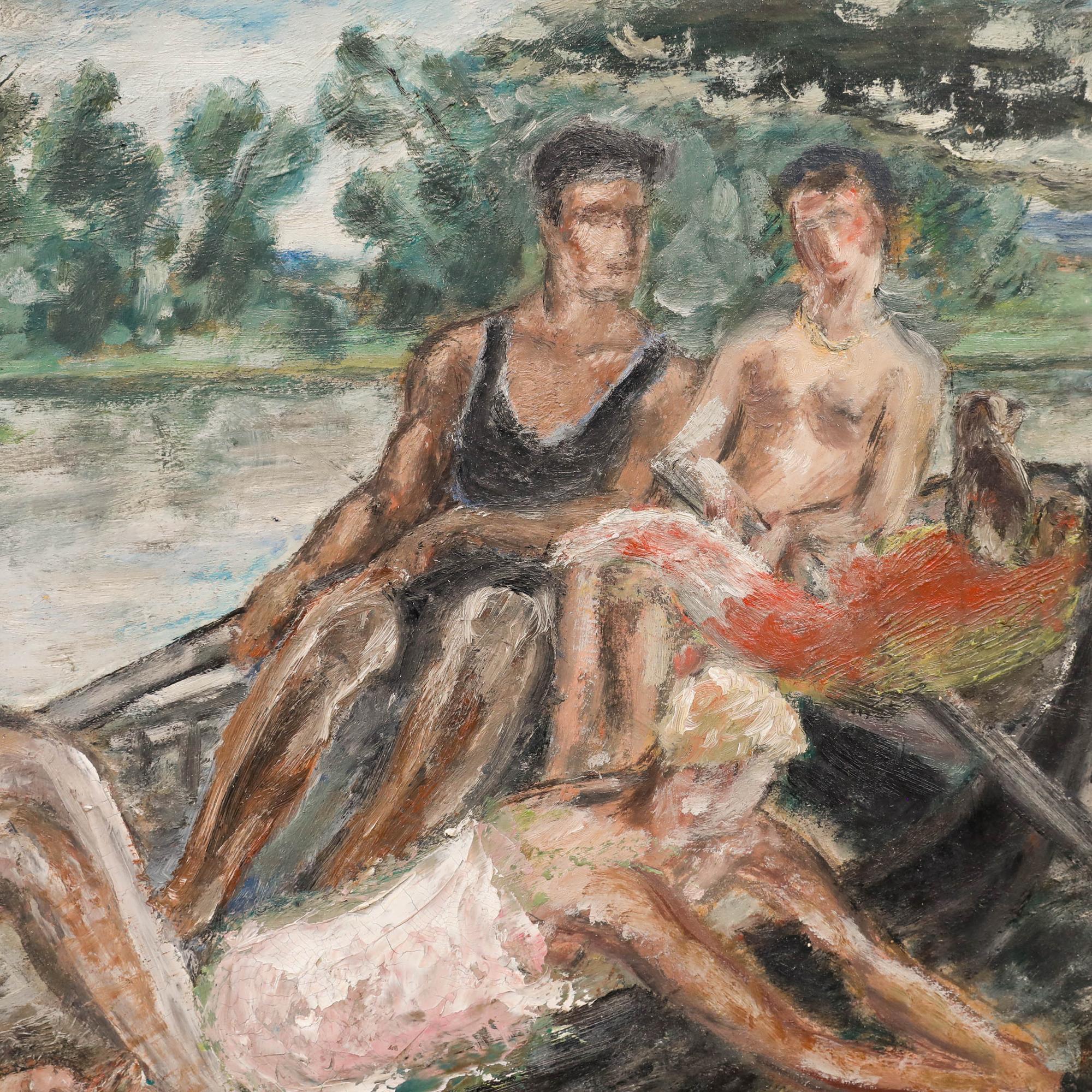 This pastoral composition depicts a group of figures piled into a small row boat, with expressive brushstrokes that emphasise the interplay of light and shadow across their forms. The artist employs a harmonious palette of earth tones and muted