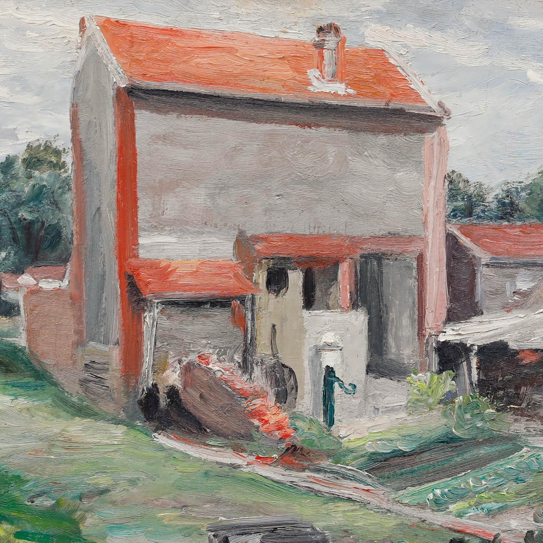 Cette charmante peinture de paysage représente une scène de village rustique avec des groupes de maisons aux toits de tuiles rouges caractéristiques, au milieu de collines verdoyantes et de champs cultivés.

Signé en bas à droite. Présenté dans un