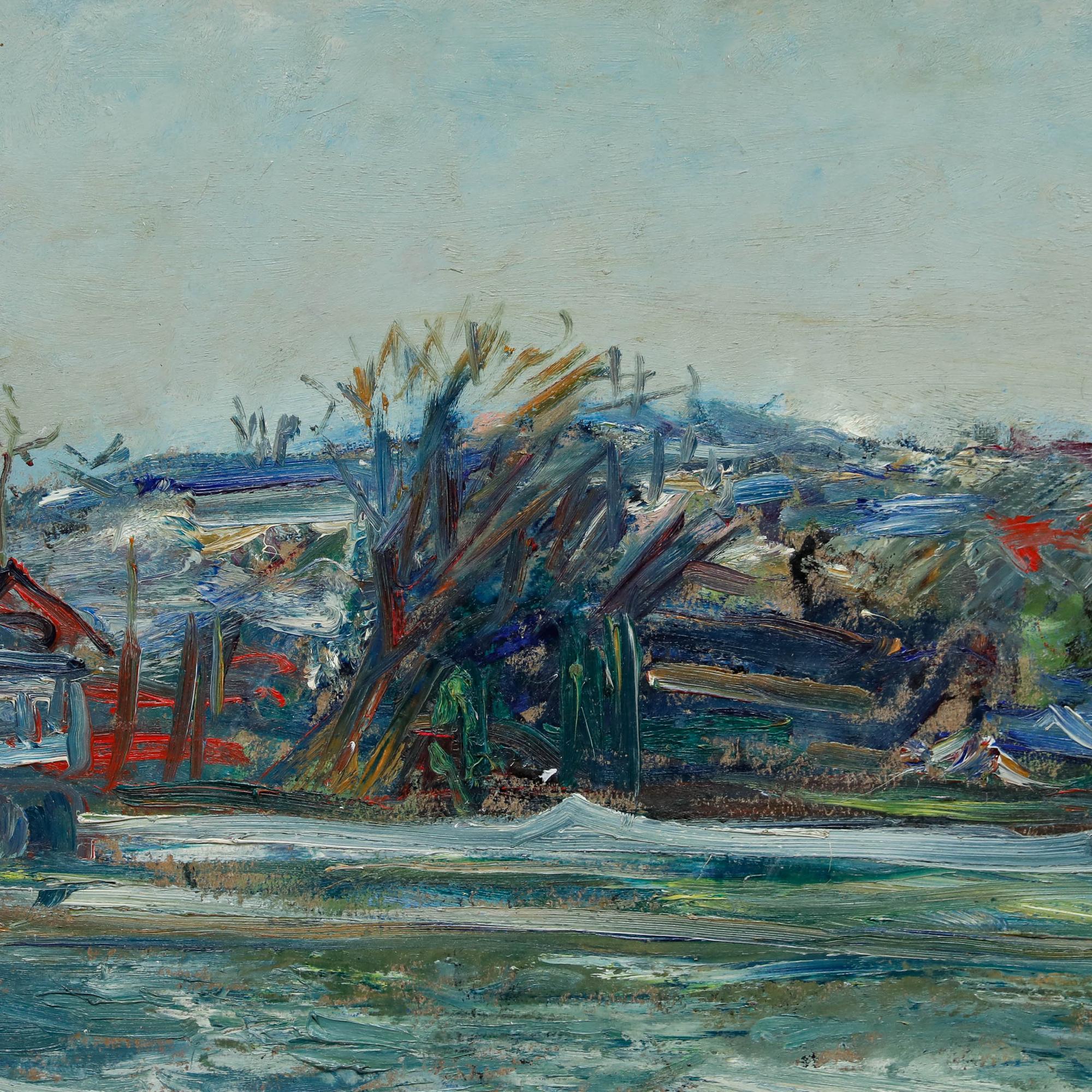 Dieses Gemälde zeigt eine ruhige Landschaft mit sanften Hügeln, die mit Gebäuden und kahlen Winterbäumen übersät sind, die sich im ruhigen Wasser spiegeln. Die Künstlerin verwendet eine gedämpfte Palette von Grün-, Grau- und Erdtönen, um die ruhige