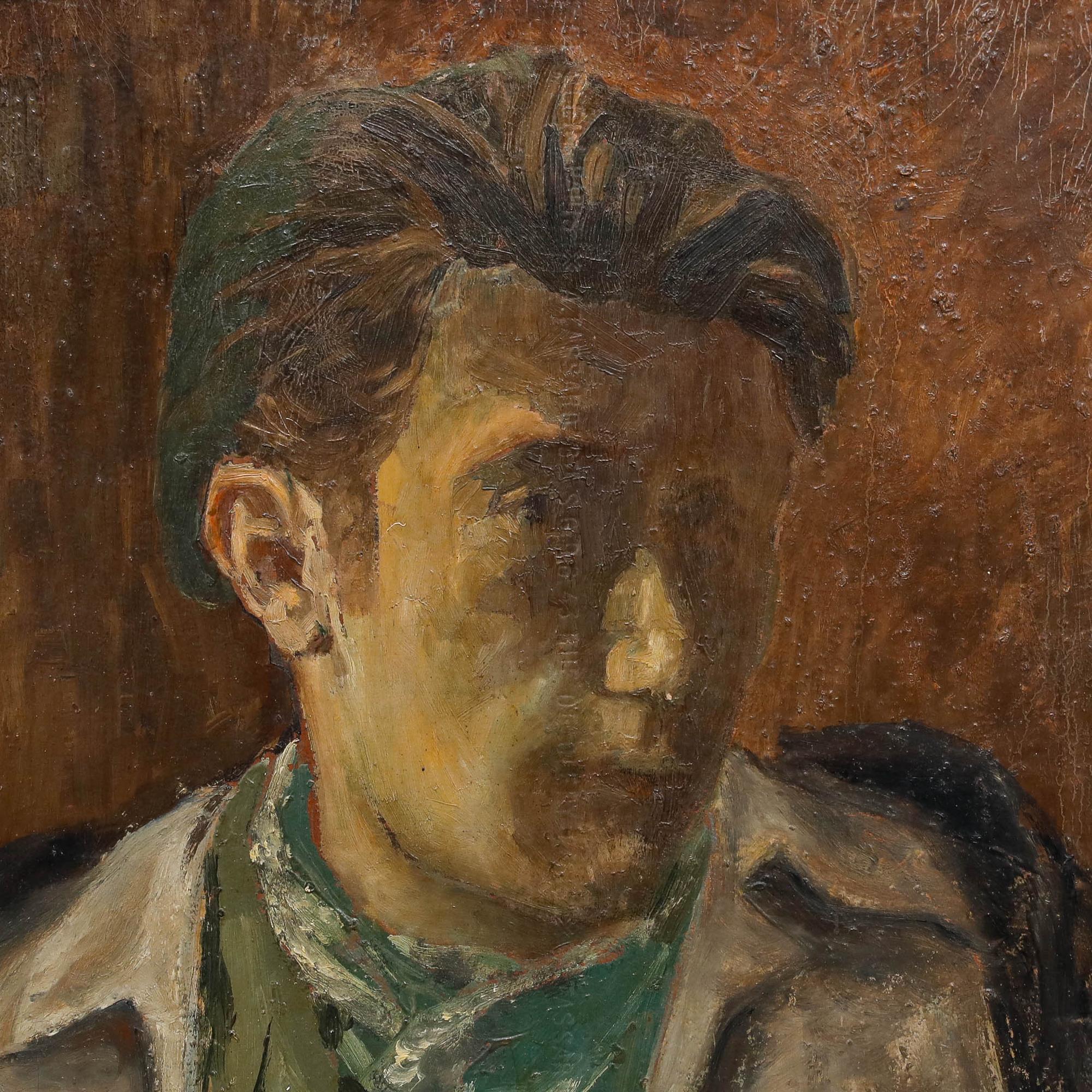 Cet autoportrait intime représente l'artiste dans une vue contemplative de trois quarts, réalisée avec un coup de pinceau lâche et expressif qui capture à la fois l'humeur pensive du sujet.

Signé en bas à gauche. Présenté dans un cadre doré avec