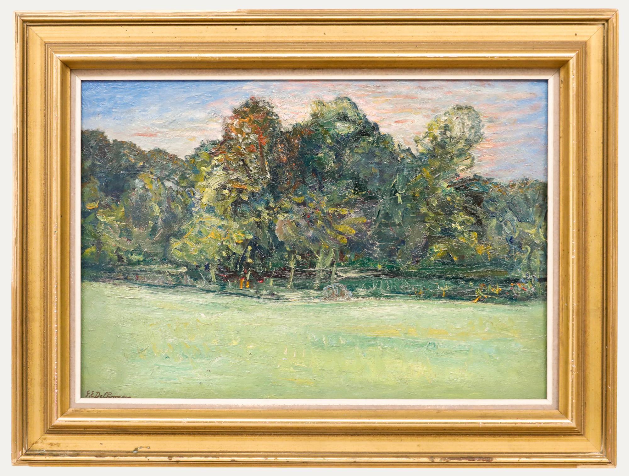 Landscape Painting di Unknown - Georges Eugene Delhomme (1904-1989) - Olio del XX secolo, Tramonto a Bry-sur-Marne