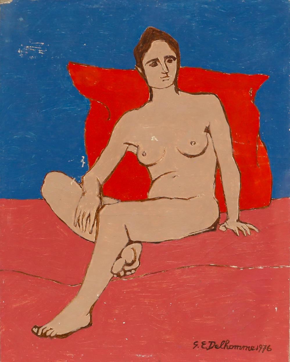 Georges Eugene Delhomme (1904-1989) - 20. Jahrhundert Öl, Das rote Kissen – Painting von Unknown