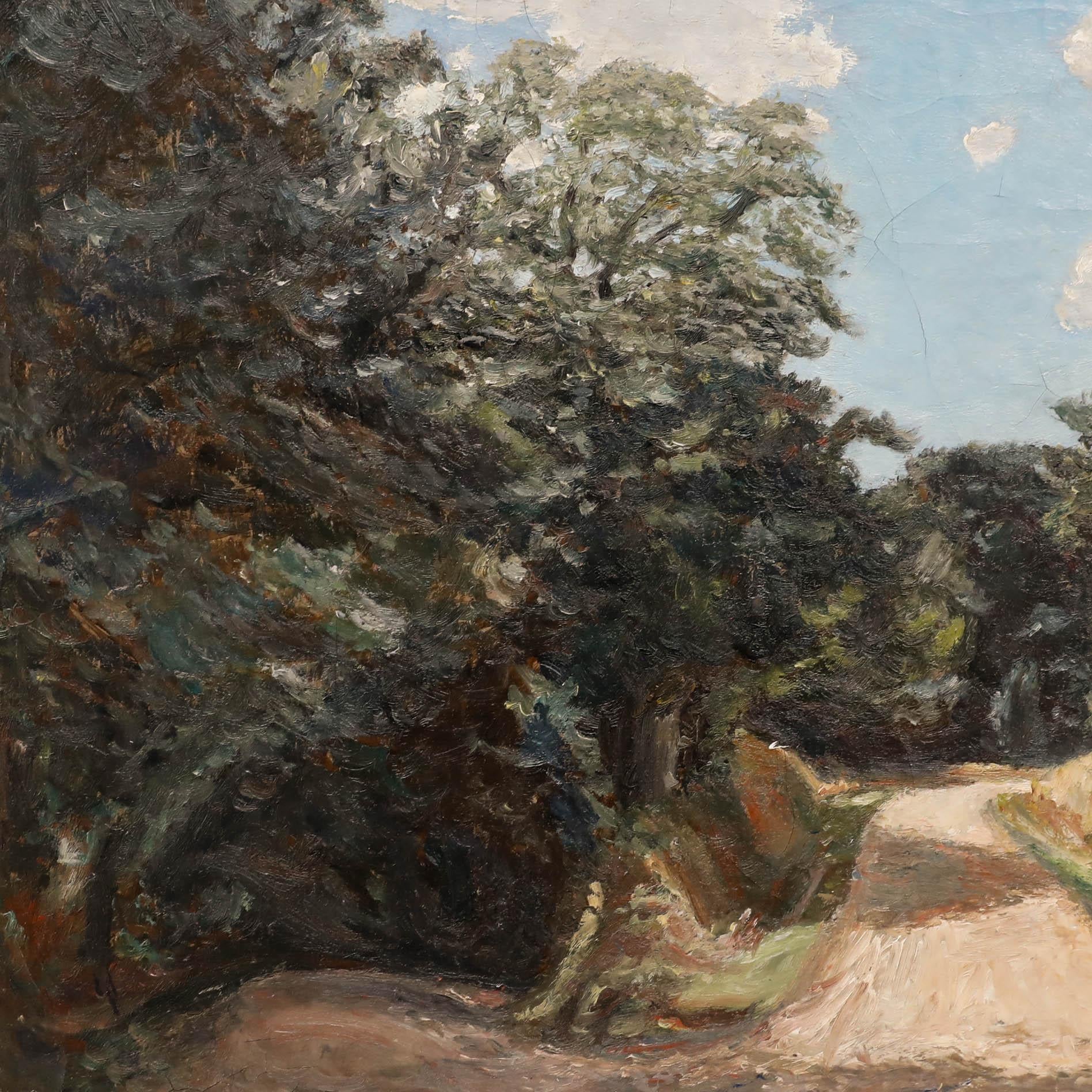 Dieses Landschaftsgemälde zeigt eine kurvenreiche Landstraße, die durch eine üppige, grüne Landschaft unter einem teilweise bewölkten Himmel führt.

Signiert unten links. Auf Leinwand auf Karton aufgezogen. 