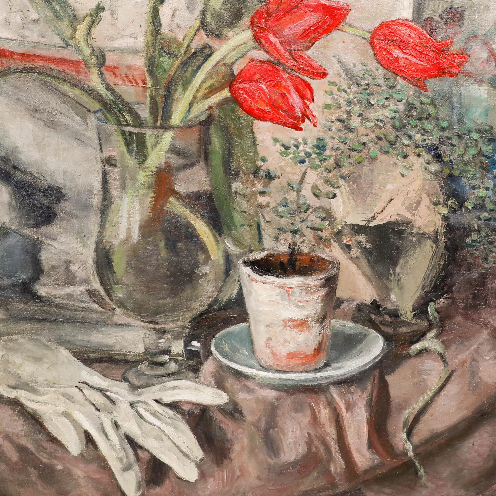A delightful still life study by the artist Georges Eugene Delhomme (1904-1989) depicting a carefully arranged table featuring a vase of vibrant red tulips and a carefully placed glove. Signed to the lower left. Well presented in a gilt frame. On