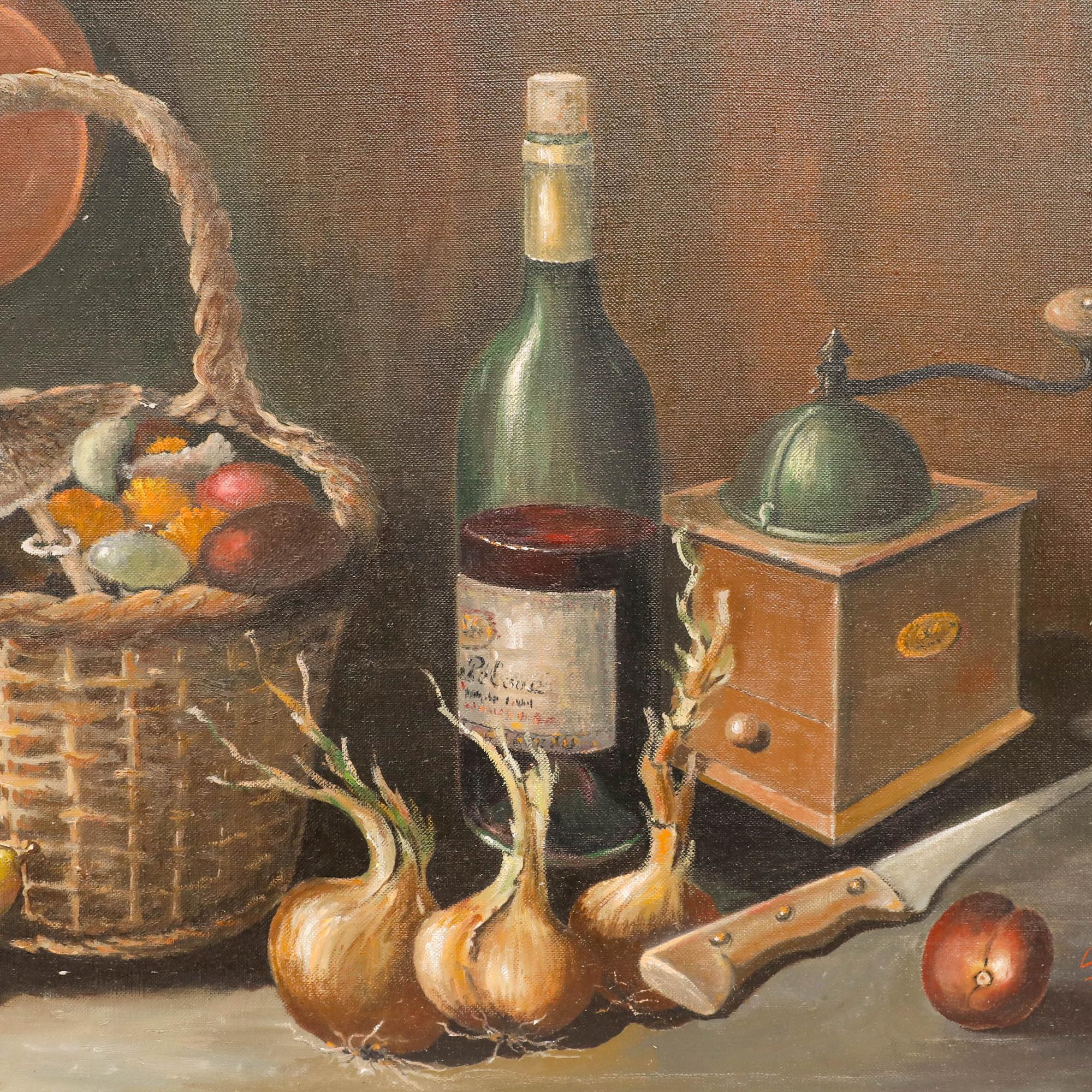 Ein Stillleben von Georges Francois mit einer halb ausgetrunkenen Flasche Wein, einer Kaffeemühle und einem Korb mit Pilzen. Signiert unten rechts. Auf Leinwand auf Keilrahmen.