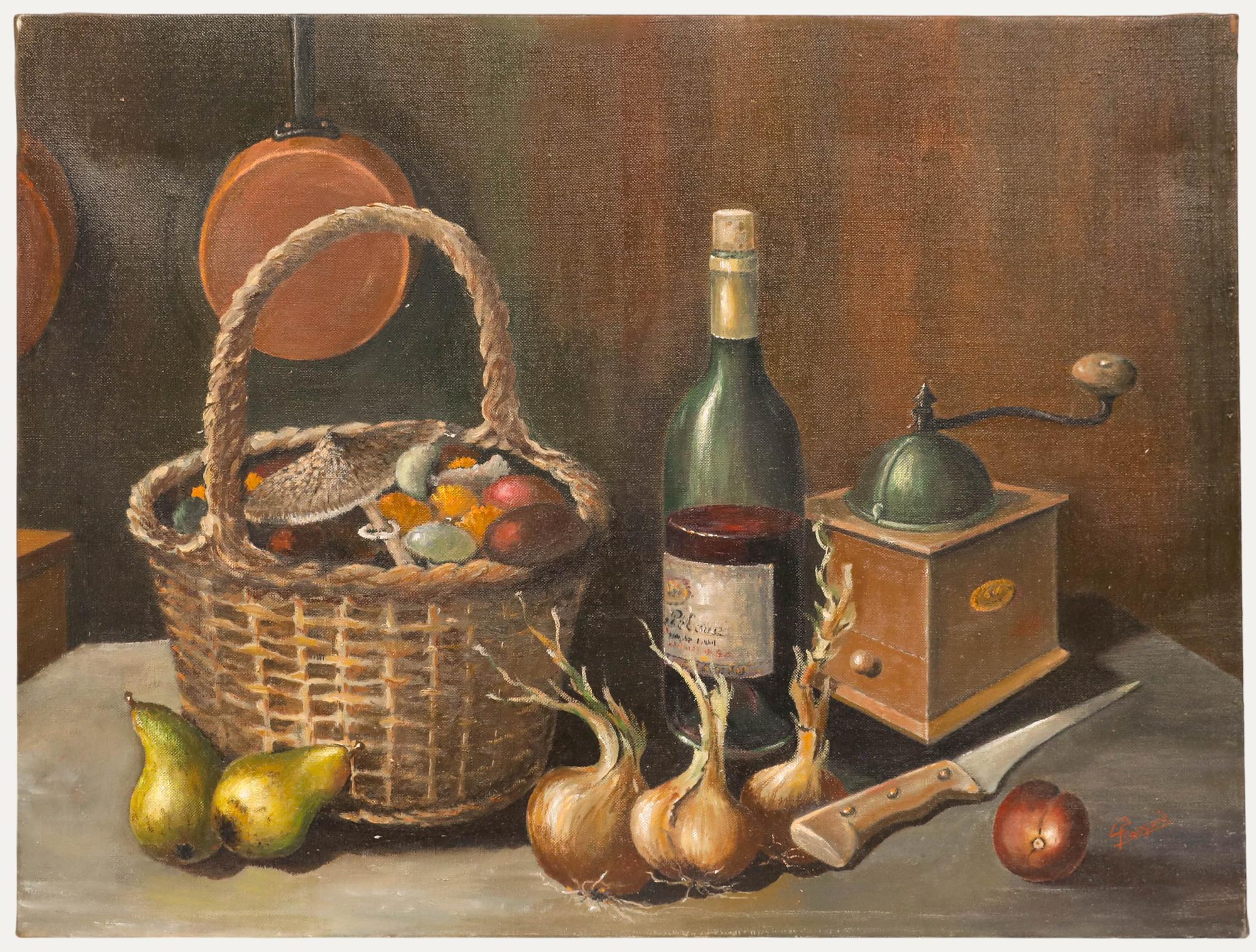 Georges Francois - 20e siècle Huile, Nature morte à la bouteille de vin