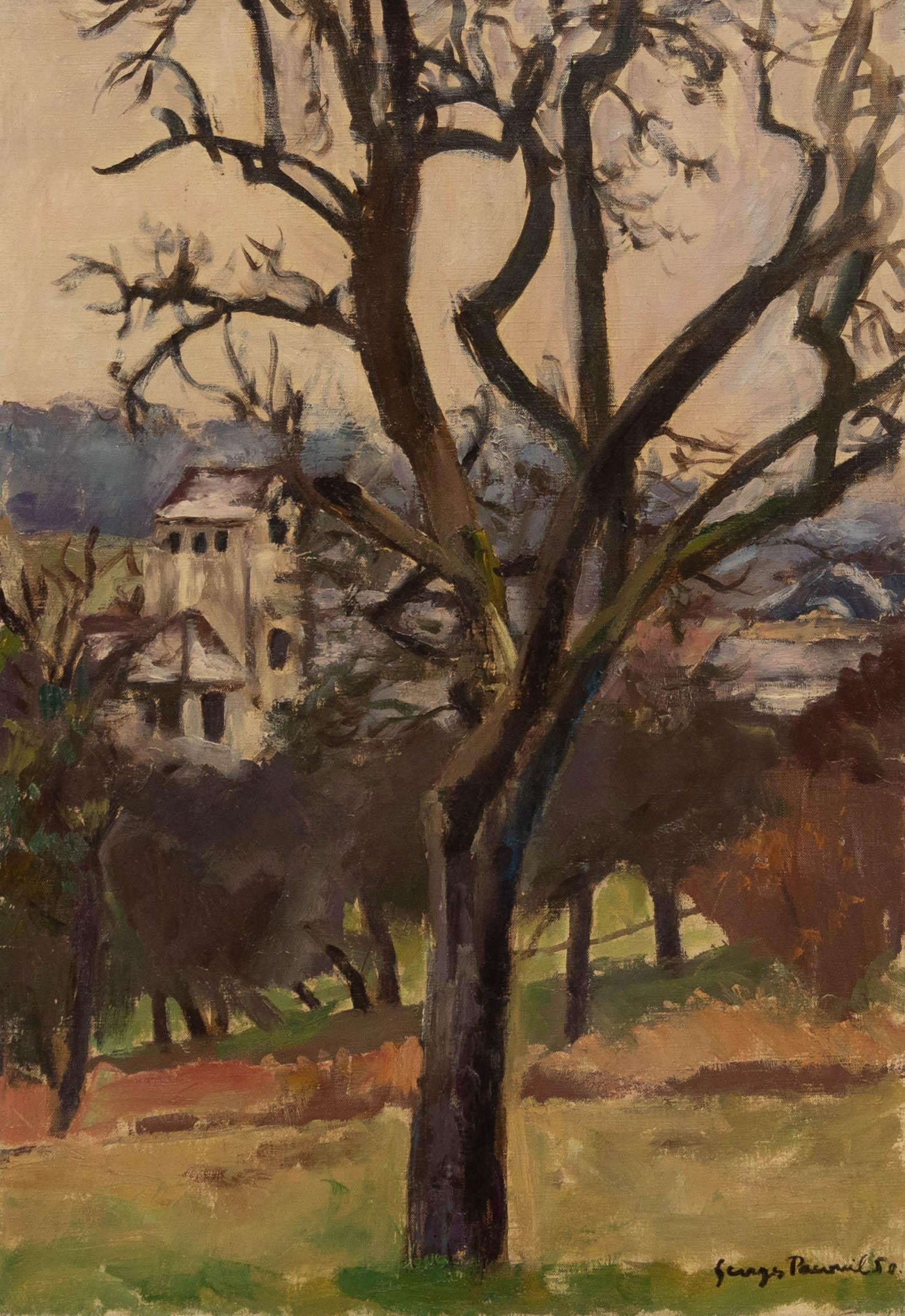 Georges Pacouil (1903-1996) - 1950 Öl, Kirche durch die Bäume, Kirche – Painting von Unknown