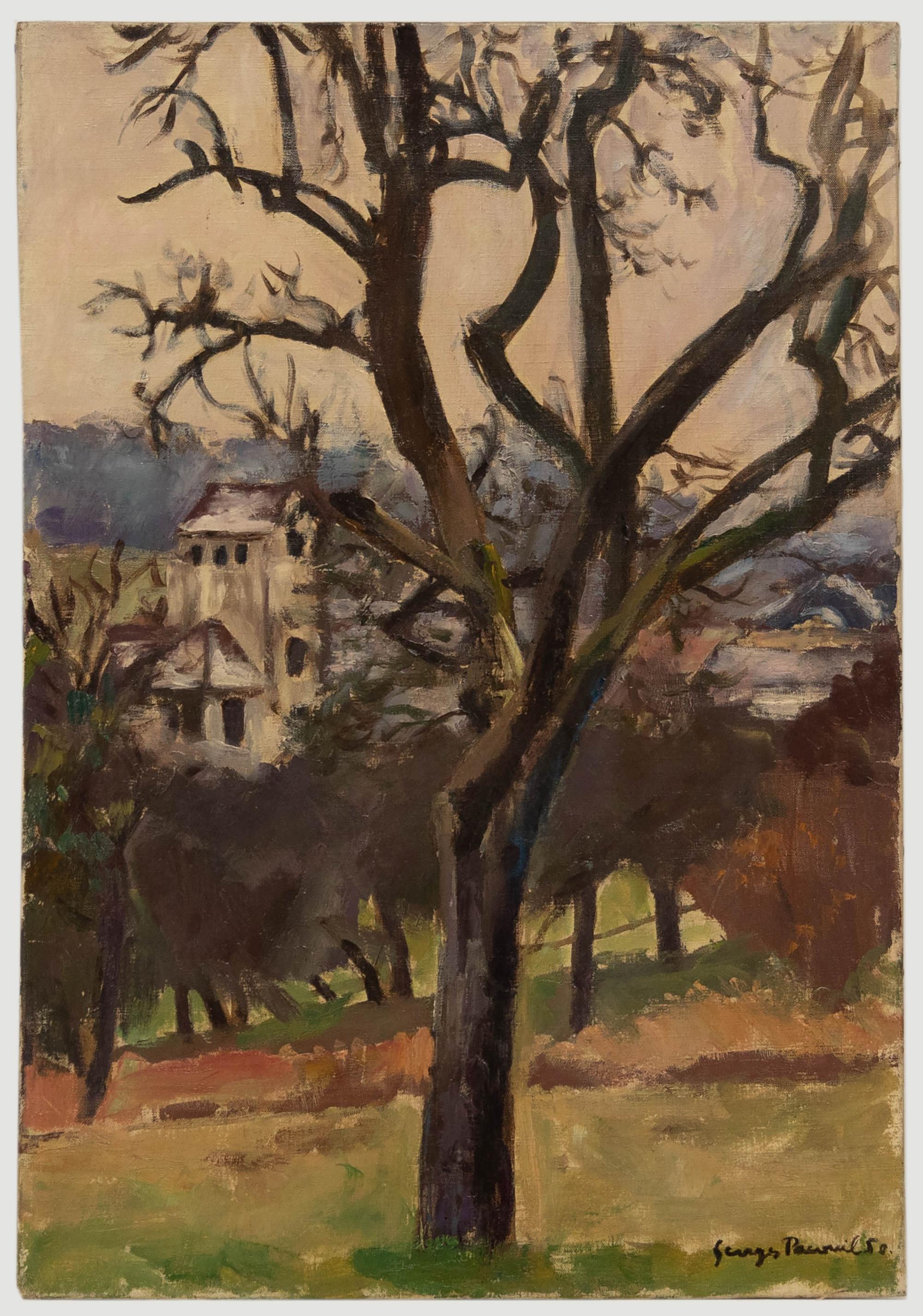 Georges Pacouil (1903-1996) - 1950 Öl, Kirche durch die Bäume, Kirche
