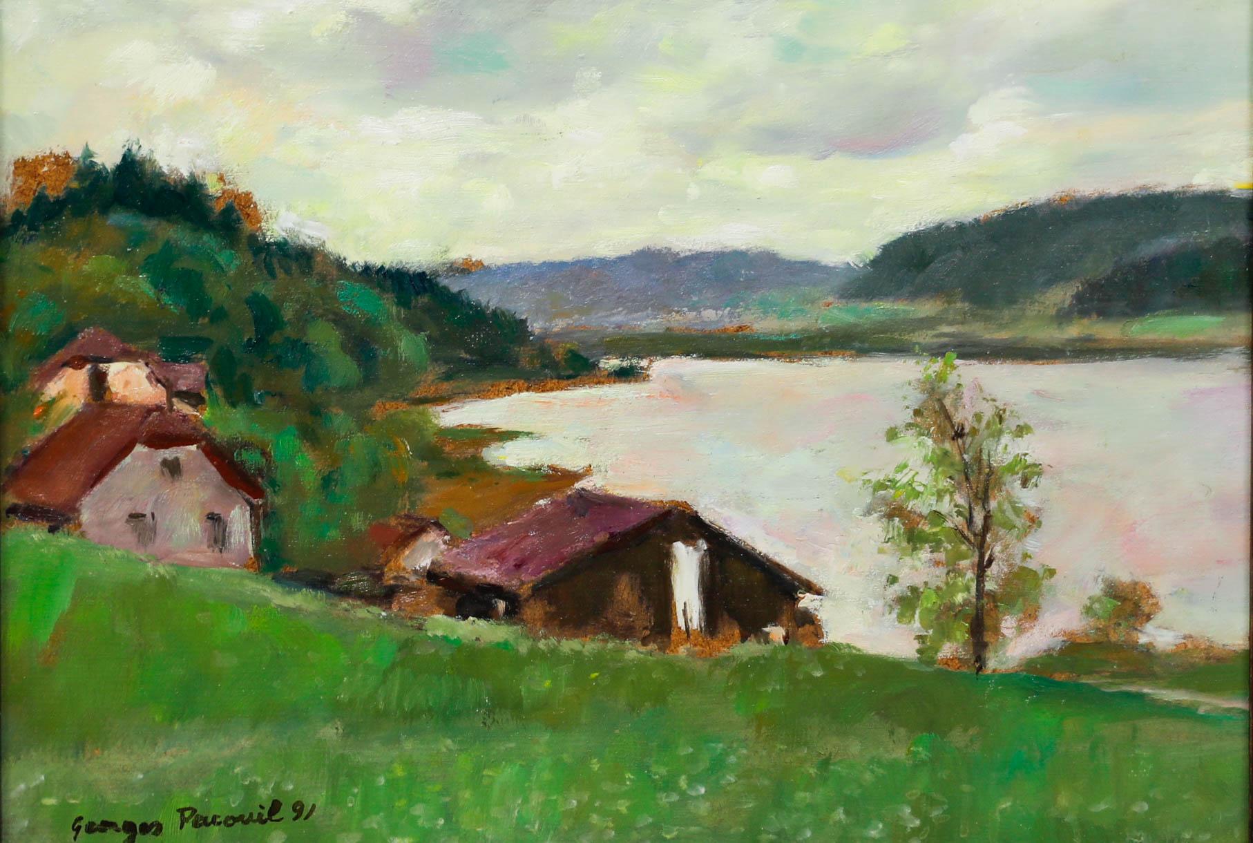Georges Pacouil (1903-1996) - Gerahmtes Ölgemälde des 20. Jahrhunderts, Cabin am See, Lakeside Cabin – Painting von Unknown