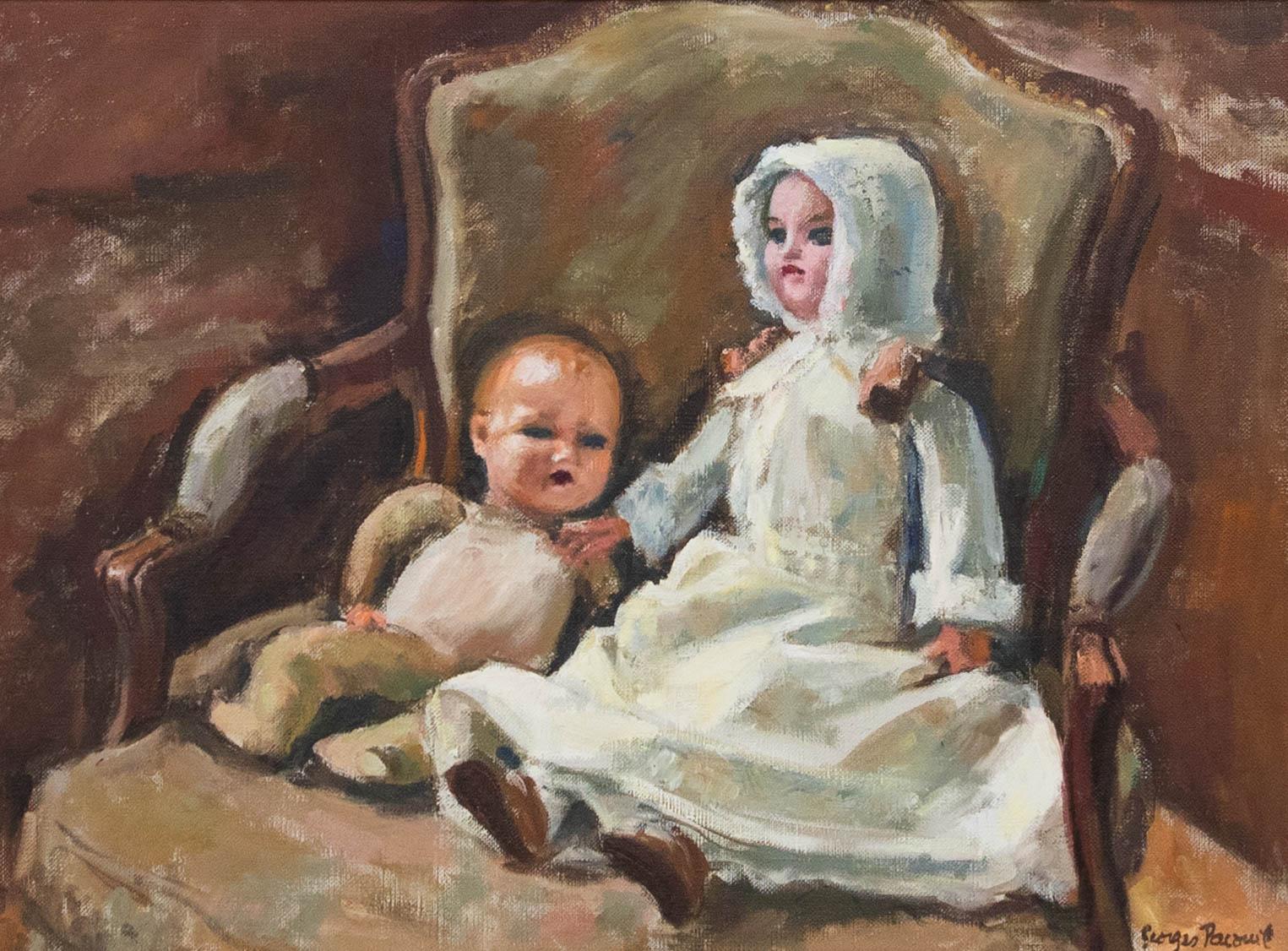 Georges Pacouil (1903-1996) - Huile encadrée du milieu du 20e siècle, poupées dans un fauteuil - Painting de Unknown