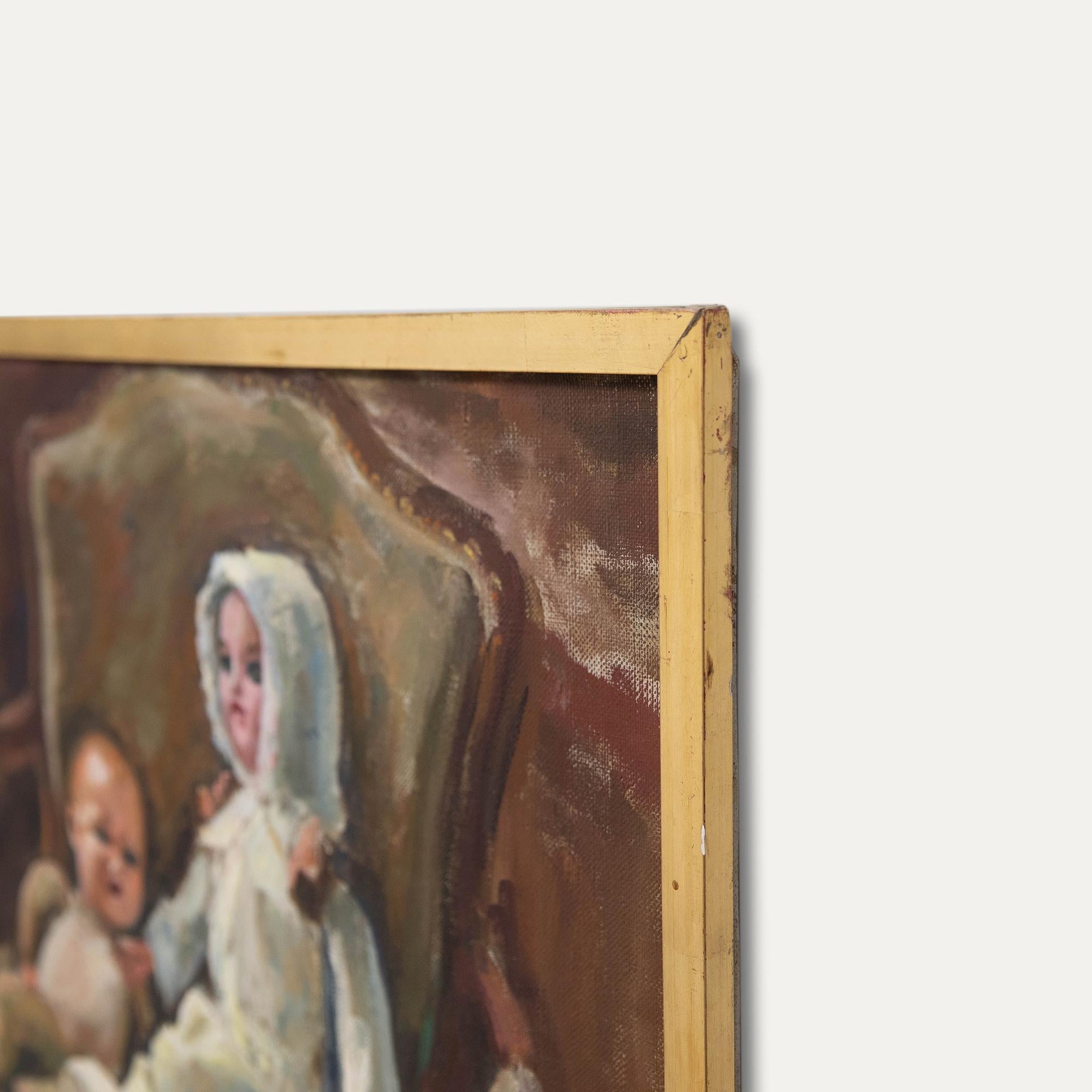 Georges Pacouil (1903-1996) - Huile encadrée du milieu du 20e siècle, poupées dans un fauteuil en vente 1