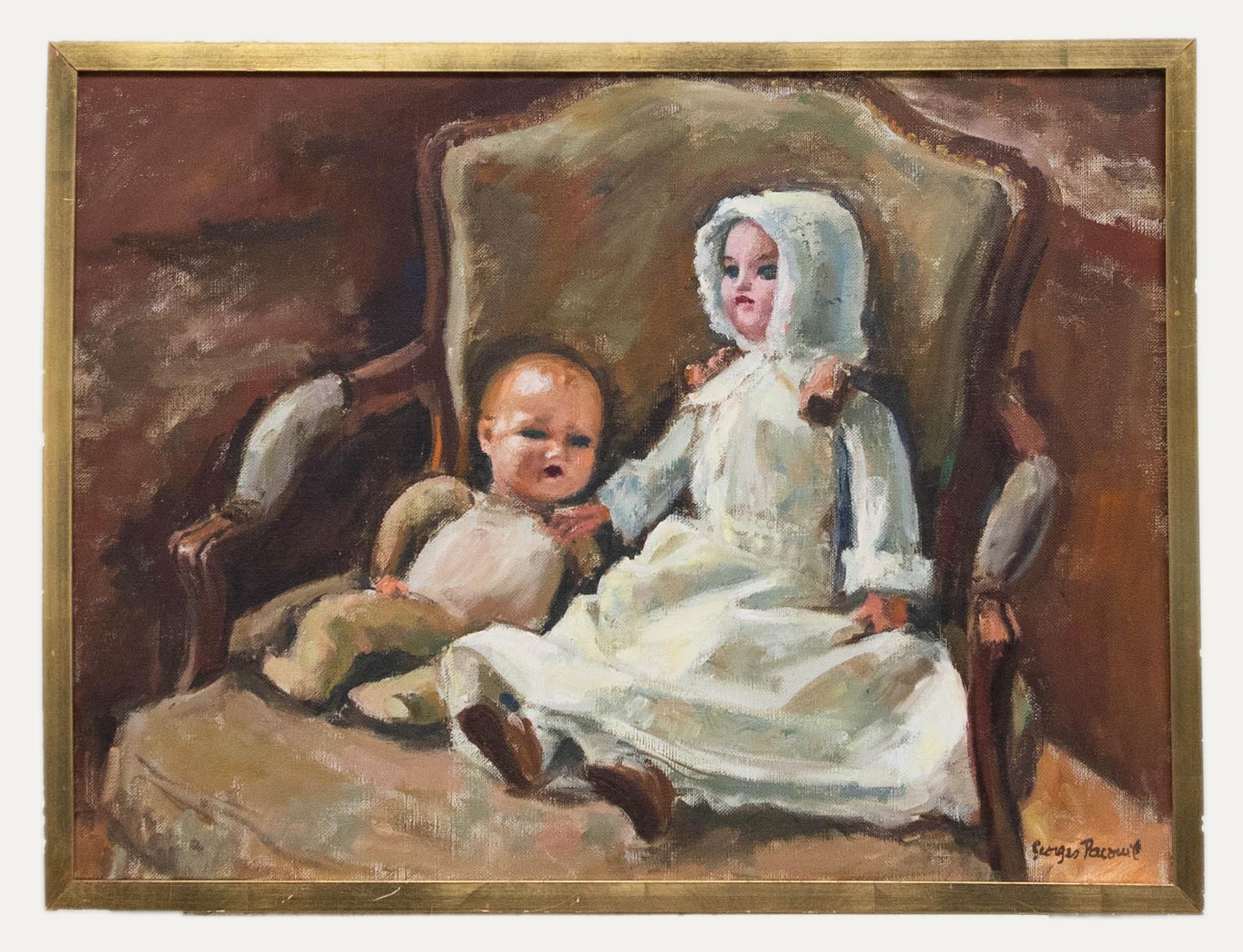 Interior Painting Unknown - Georges Pacouil (1903-1996) - Huile encadrée du milieu du 20e siècle, poupées dans un fauteuil