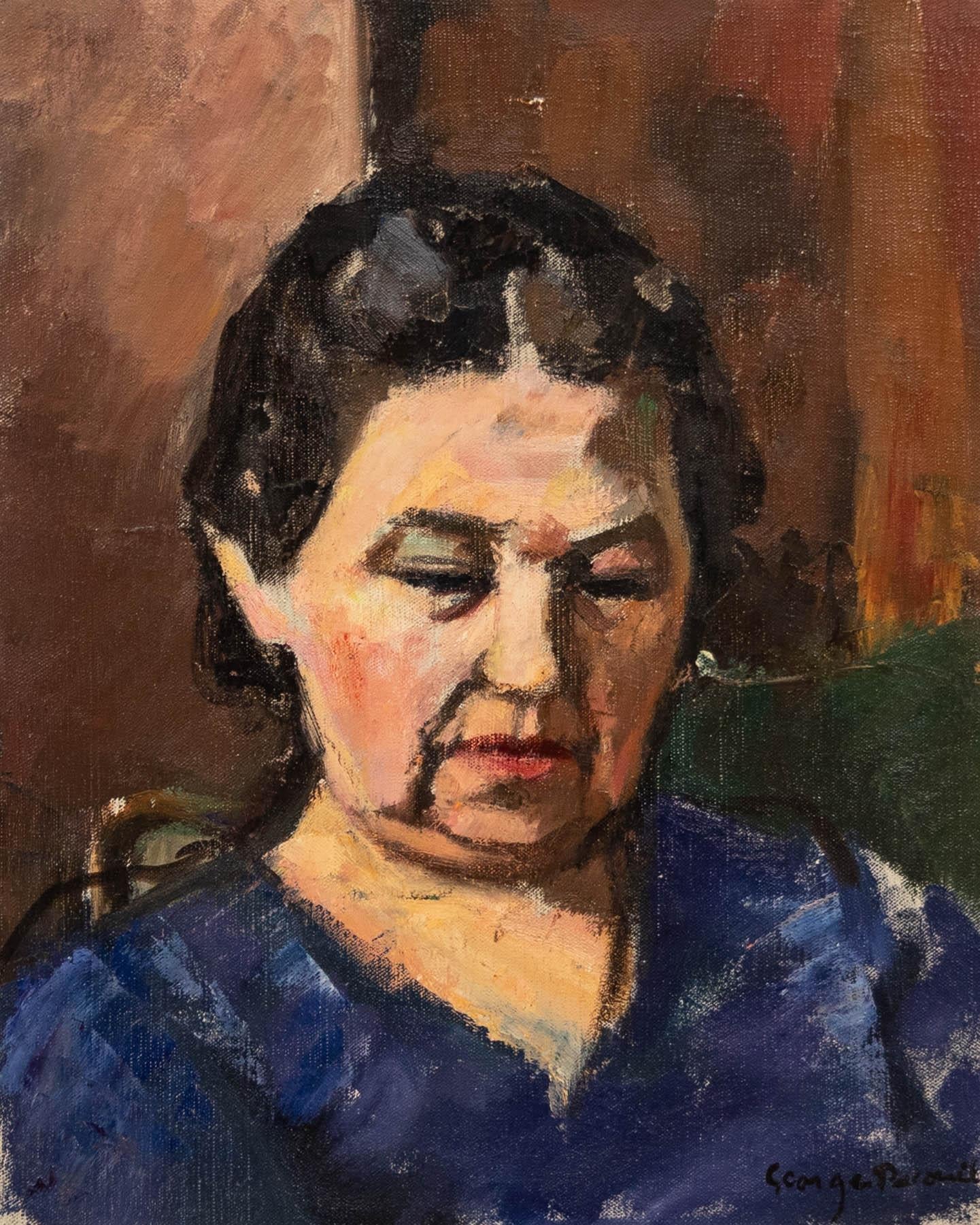 Georges Pacouil (1903-1996) - Mid 20th Century Oil, Bernadette in a Blue Dress - Painting by Unknown