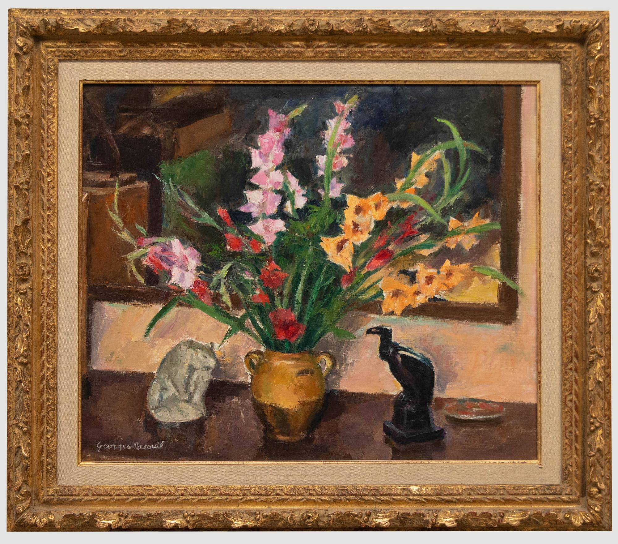 Unknown Still-Life Painting - Georges Pacouil (1903-1996) - Mid 20th Century Oil, Gladioli