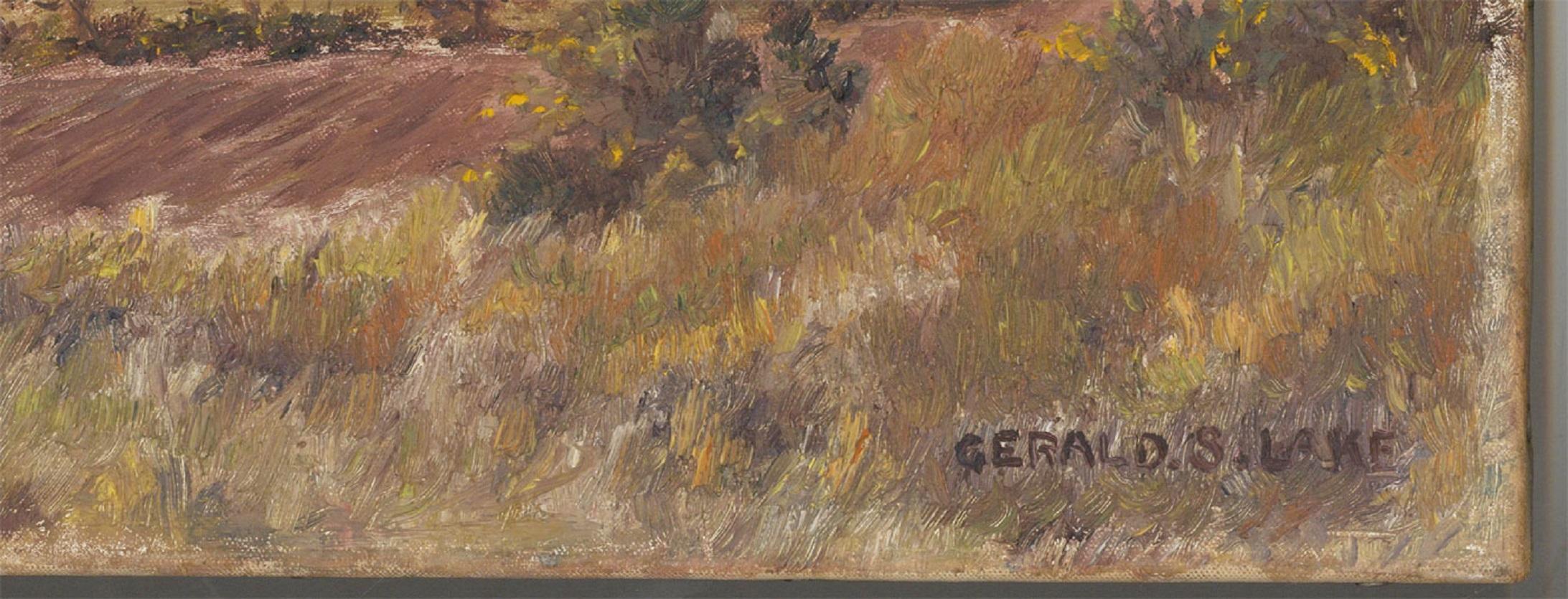 Une impressionnante peinture à l'huile de Gerald S. Lake représentant une scène de paysage agricole. L'utilisation de tons sourds et de coups de pinceau gestuels donne au feuillage une qualité texturée et organique.  Signé. Sur toile sur châssis.
