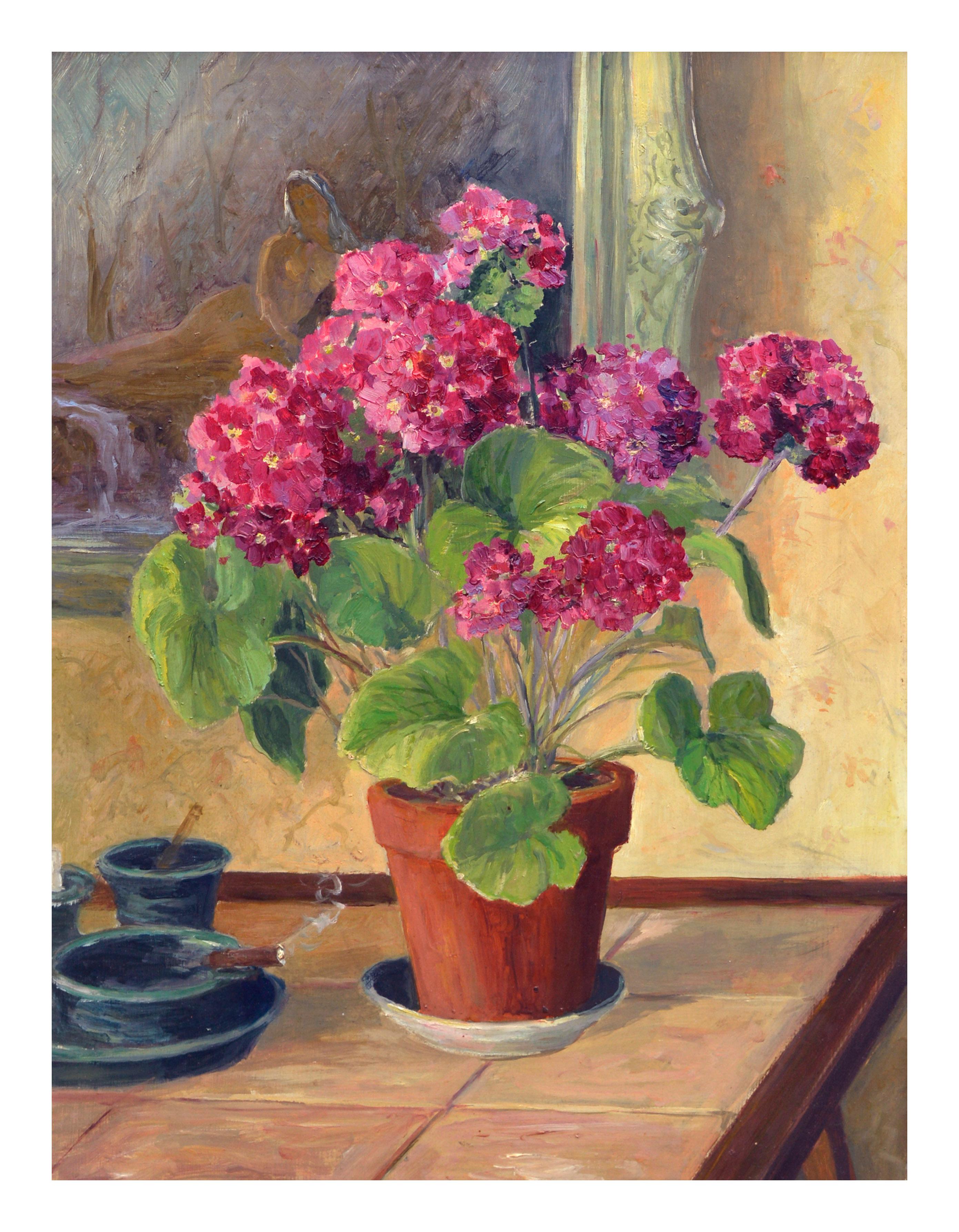 Geraniums, a Cigar & Nude Figure Still Life  - Painting by Unknown