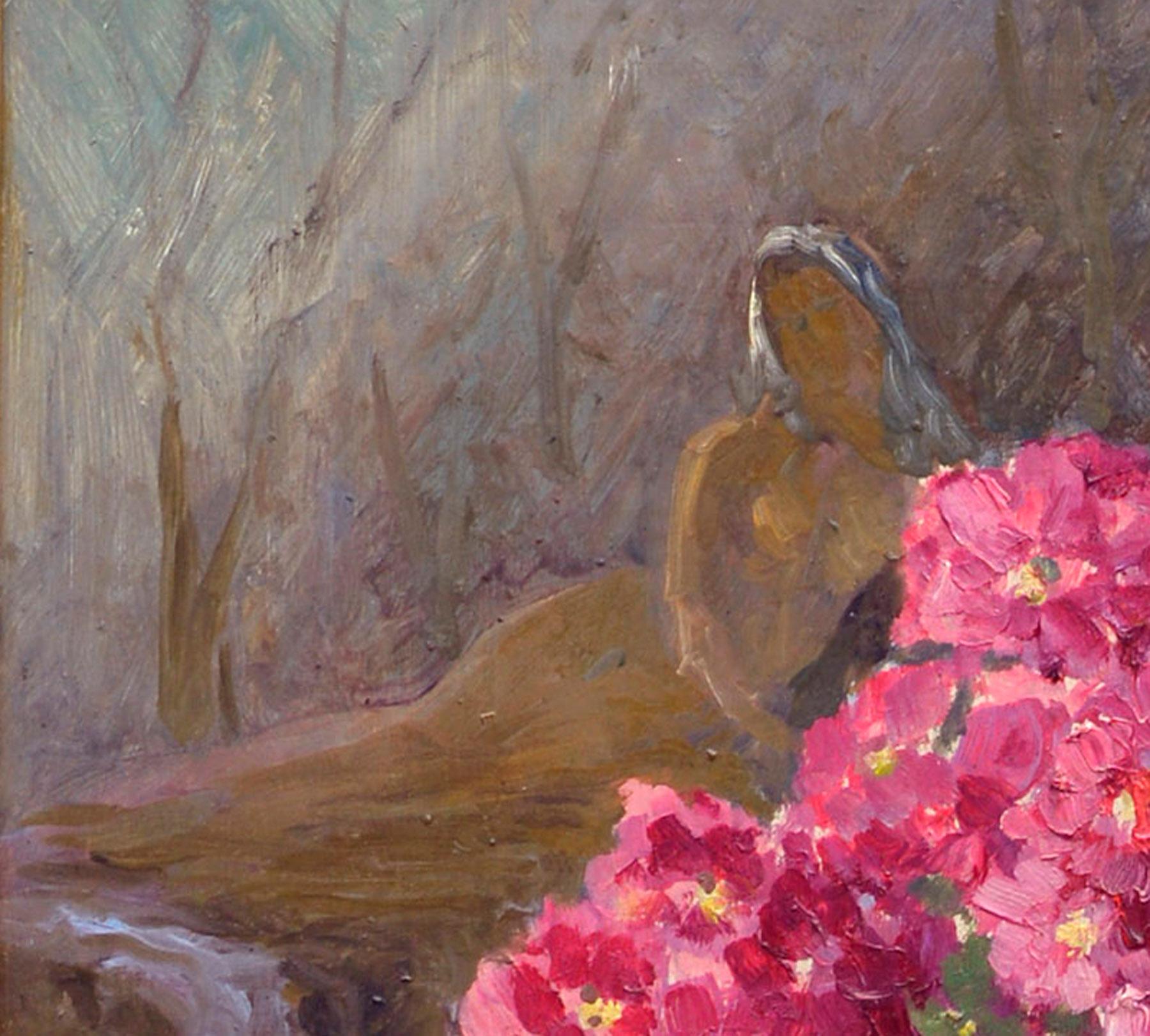 Geraniums, une nature morte à cigares et nus  - Marron Interior Painting par Unknown