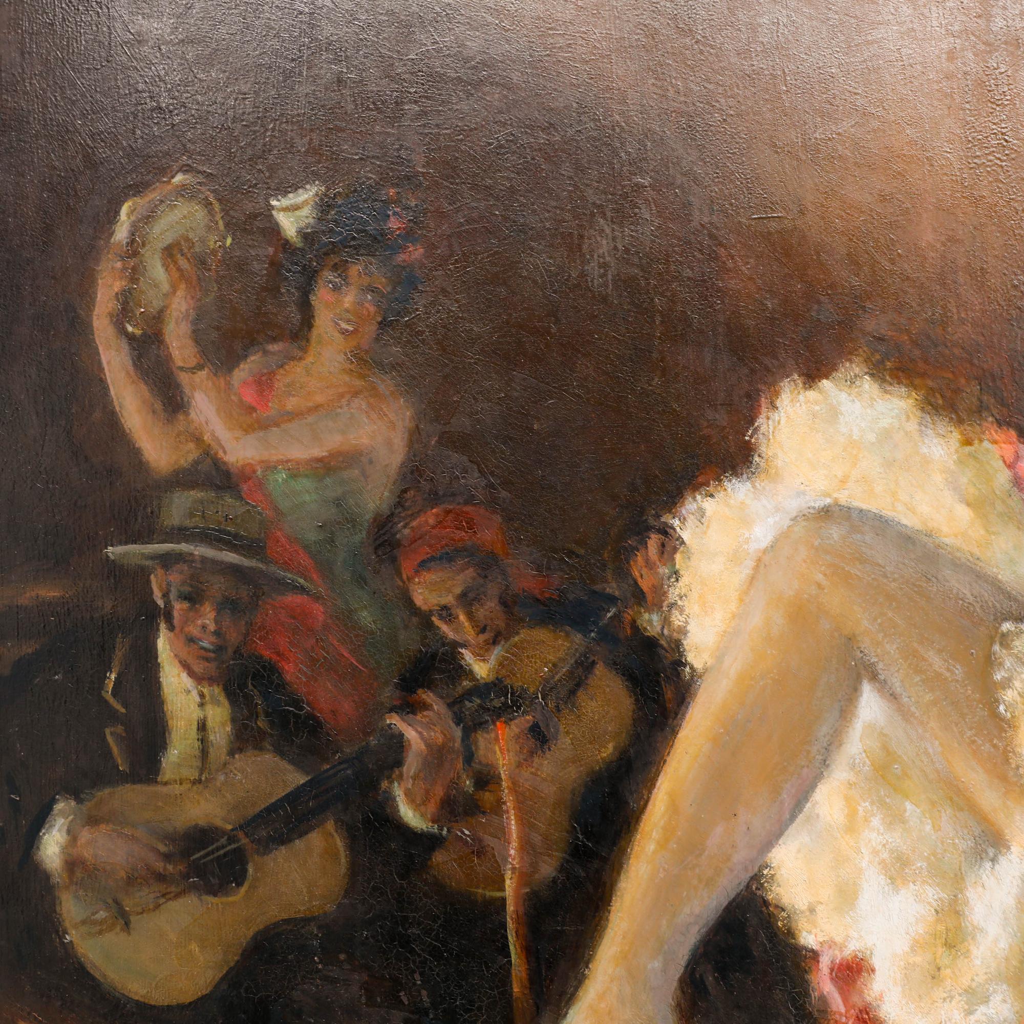 Mediados del siglo XX, óleo sobre tabla. Bailaora de flamenco con músicos de fondo. Firmado en la parte inferior izquierda. 