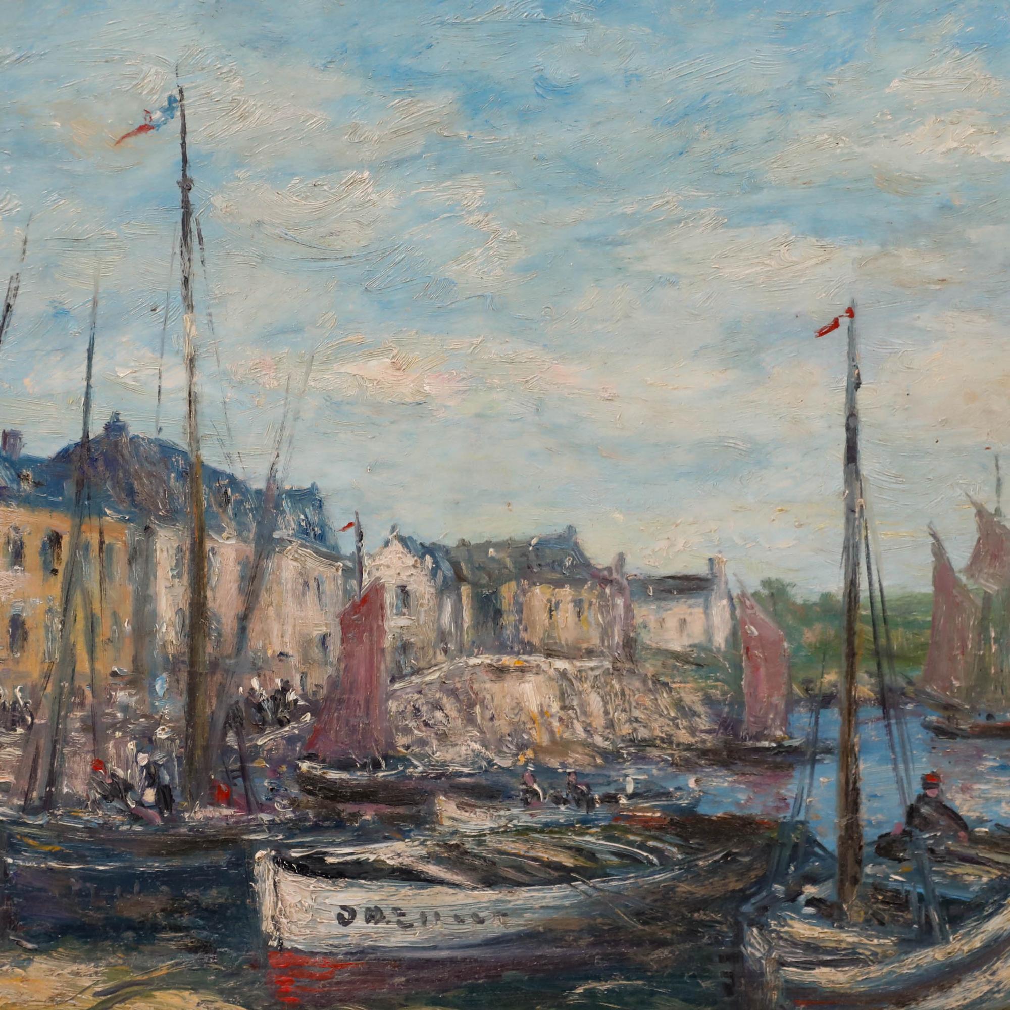 Gerard Roux (*1946) fängt eine sonnige Hafenszene mit impressionistischen Pinselstrichen und leuchtenden Farben ein. Signiert unten rechts. Gut präsentiert in einem weiß-goldenen Rahmen. An Bord. Bildgröße: 23 x 32 cm.