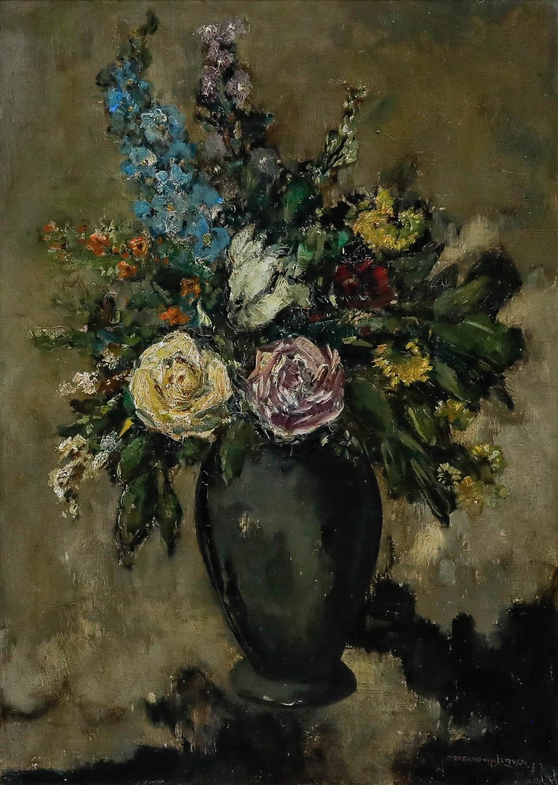 Gerard van Lerven (1885-1966) - Olio della metà del XX secolo, Rose e Delphinium - Painting di Unknown