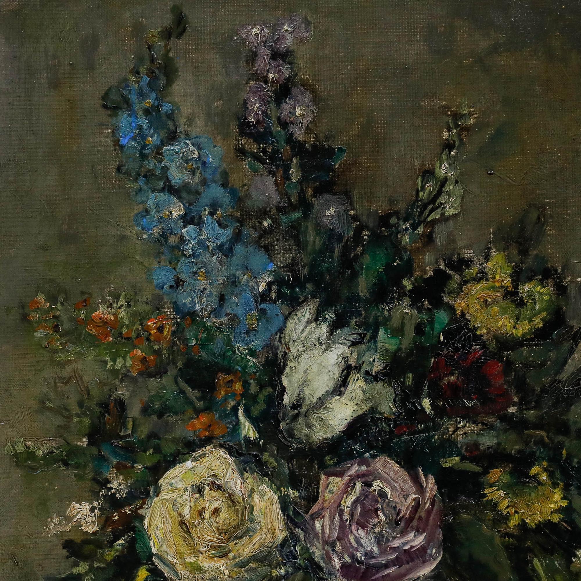 Gerard van Lerven (1885-1966) - Olio della metà del XX secolo, Rose e Delphinium in vendita 1