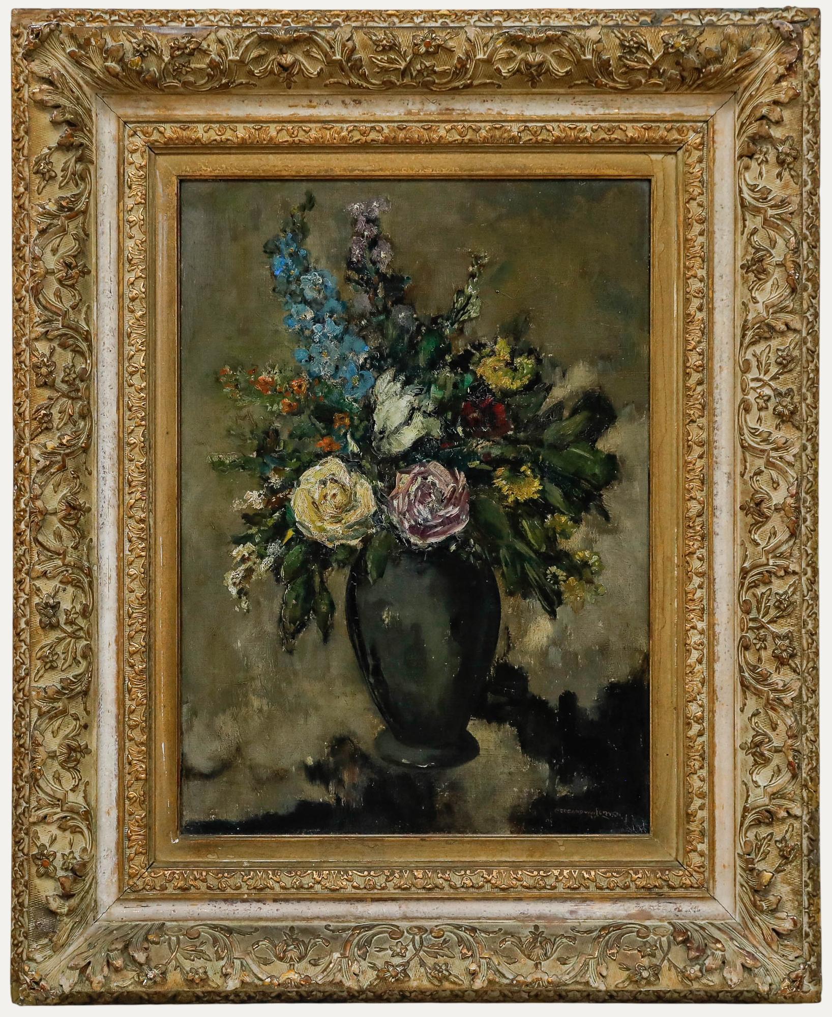 Still-Life Painting di Unknown - Gerard van Lerven (1885-1966) - Olio della metà del XX secolo, Rose e Delphinium