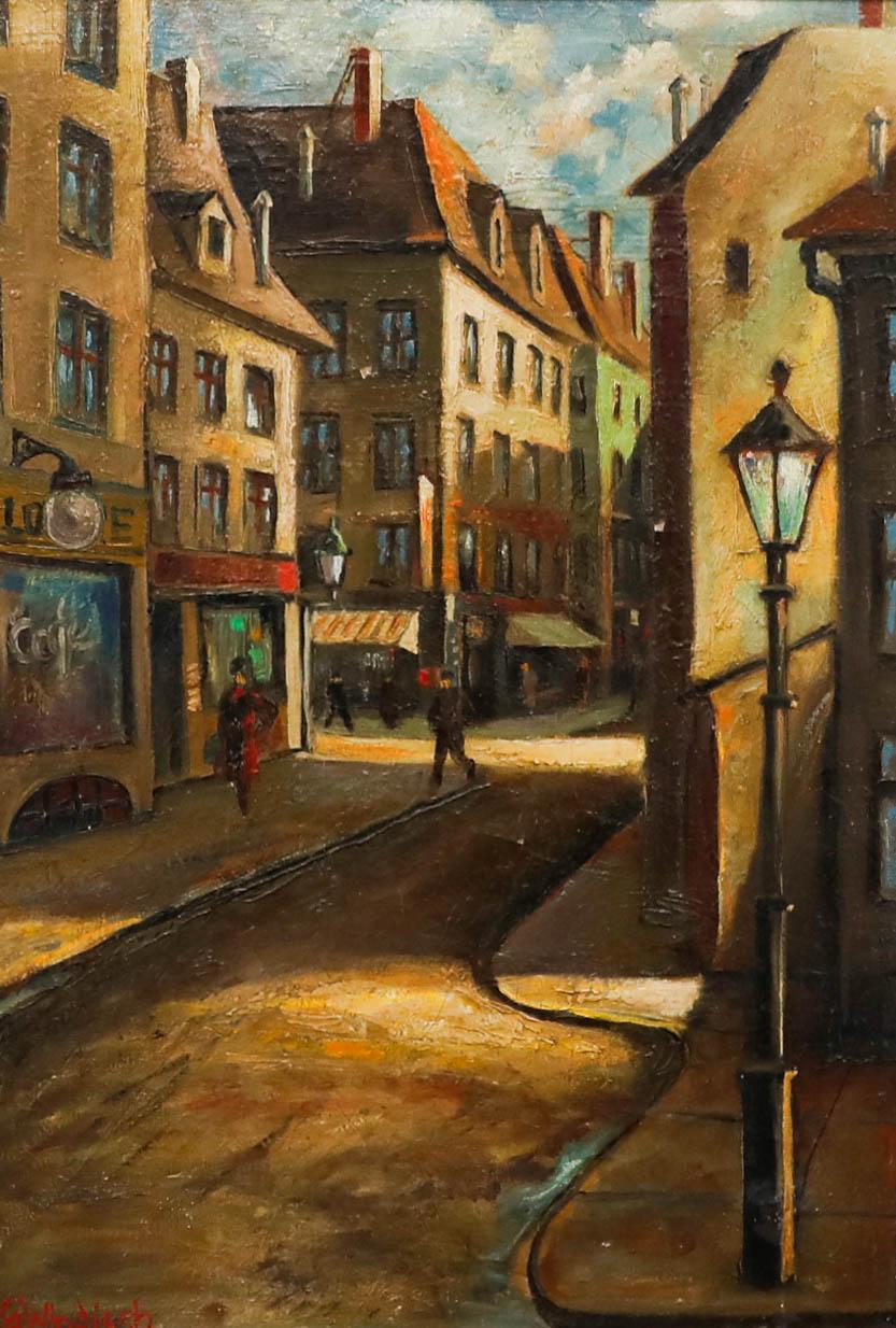 Gerhard Windisch (1895-1961) - Gerahmtes Ölgemälde, früher Morgen in der Stadt – Painting von Unknown