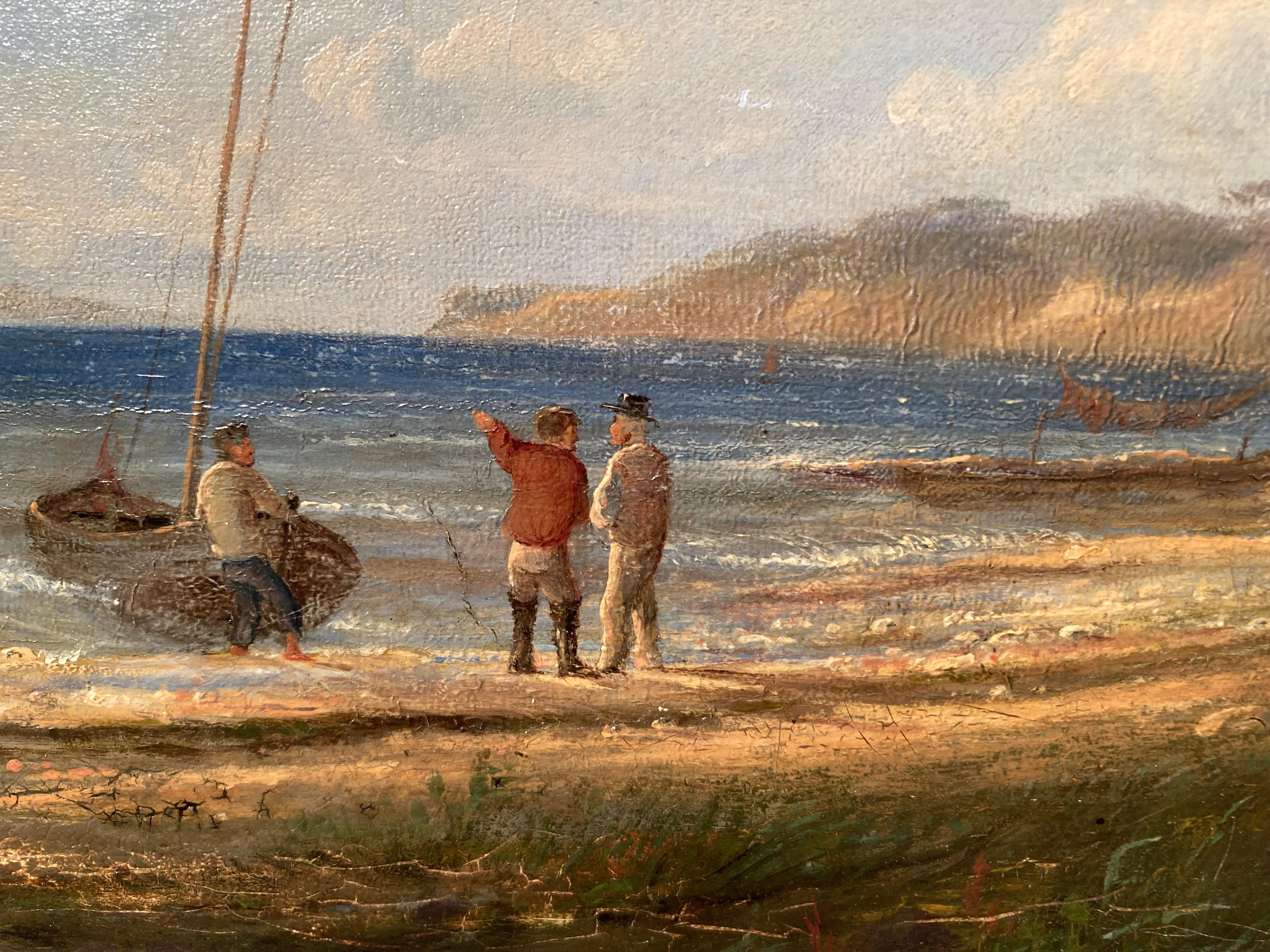 German Danish School, Decorative Marine Painting, Coastal Scene, Fishermen, Boat For Sale 9