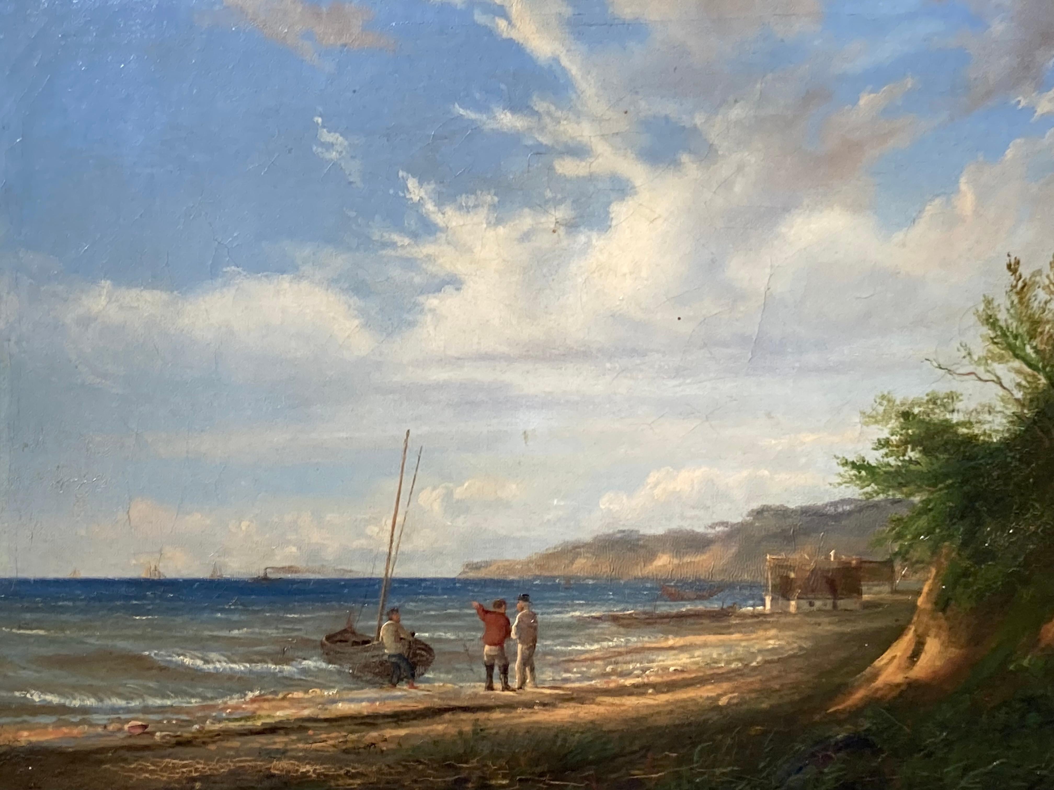 German Danish School, Decorative Marine Painting, Coastal Scene, Fishermen, Boat For Sale 11