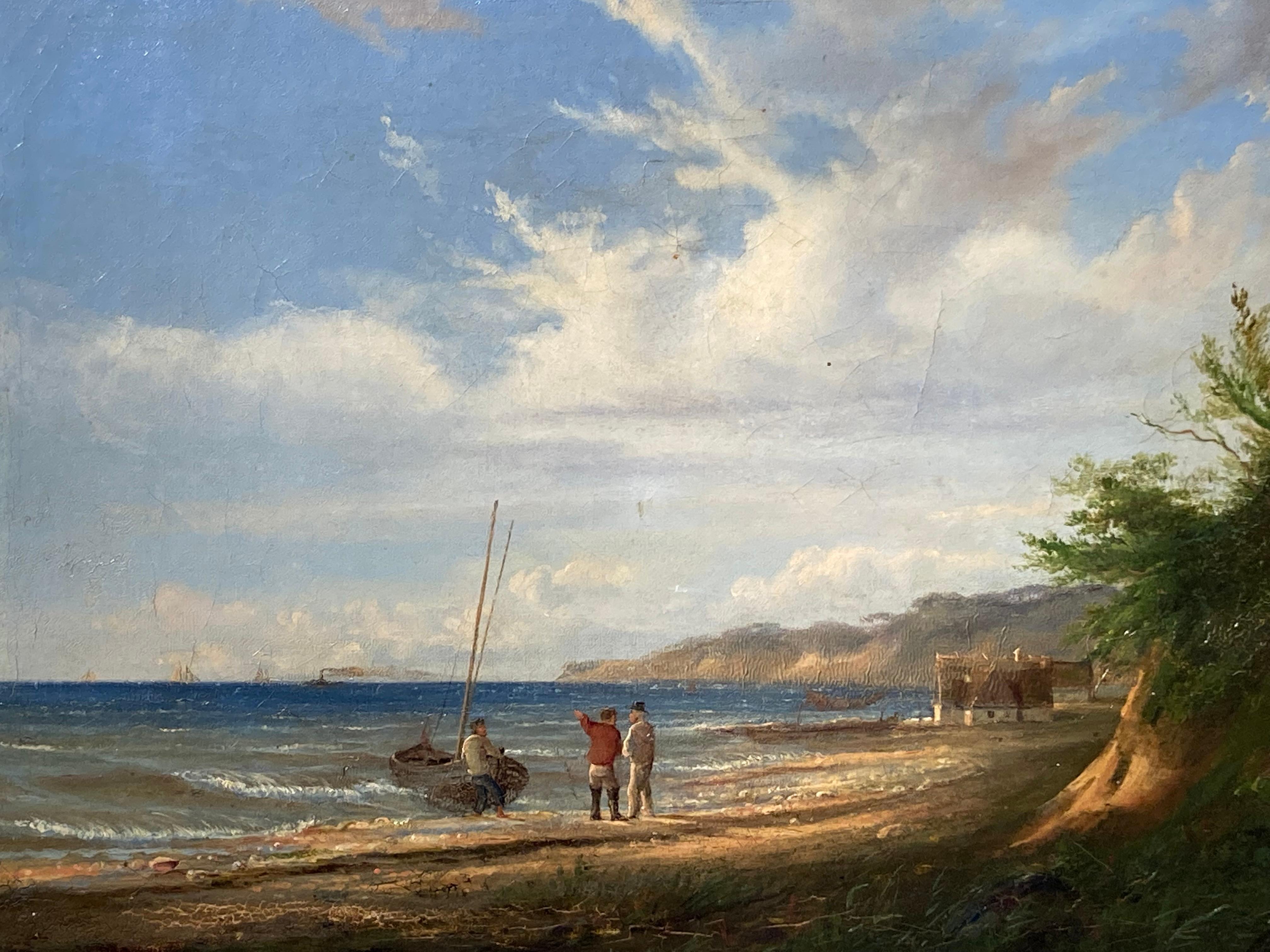 German Danish School, Decorative Marine Painting, Coastal Scene, Fishermen, Boat For Sale 12