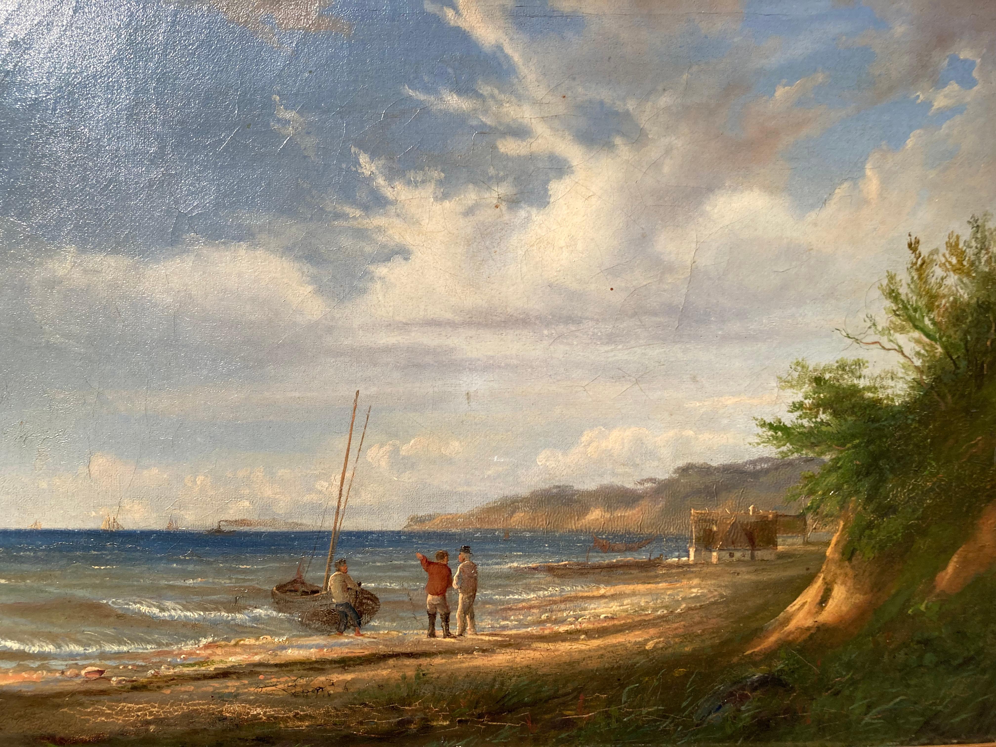 German Danish School, Decorative Marine Painting, Coastal Scene, Fishermen, Boat - Brown Still-Life Painting by Unknown