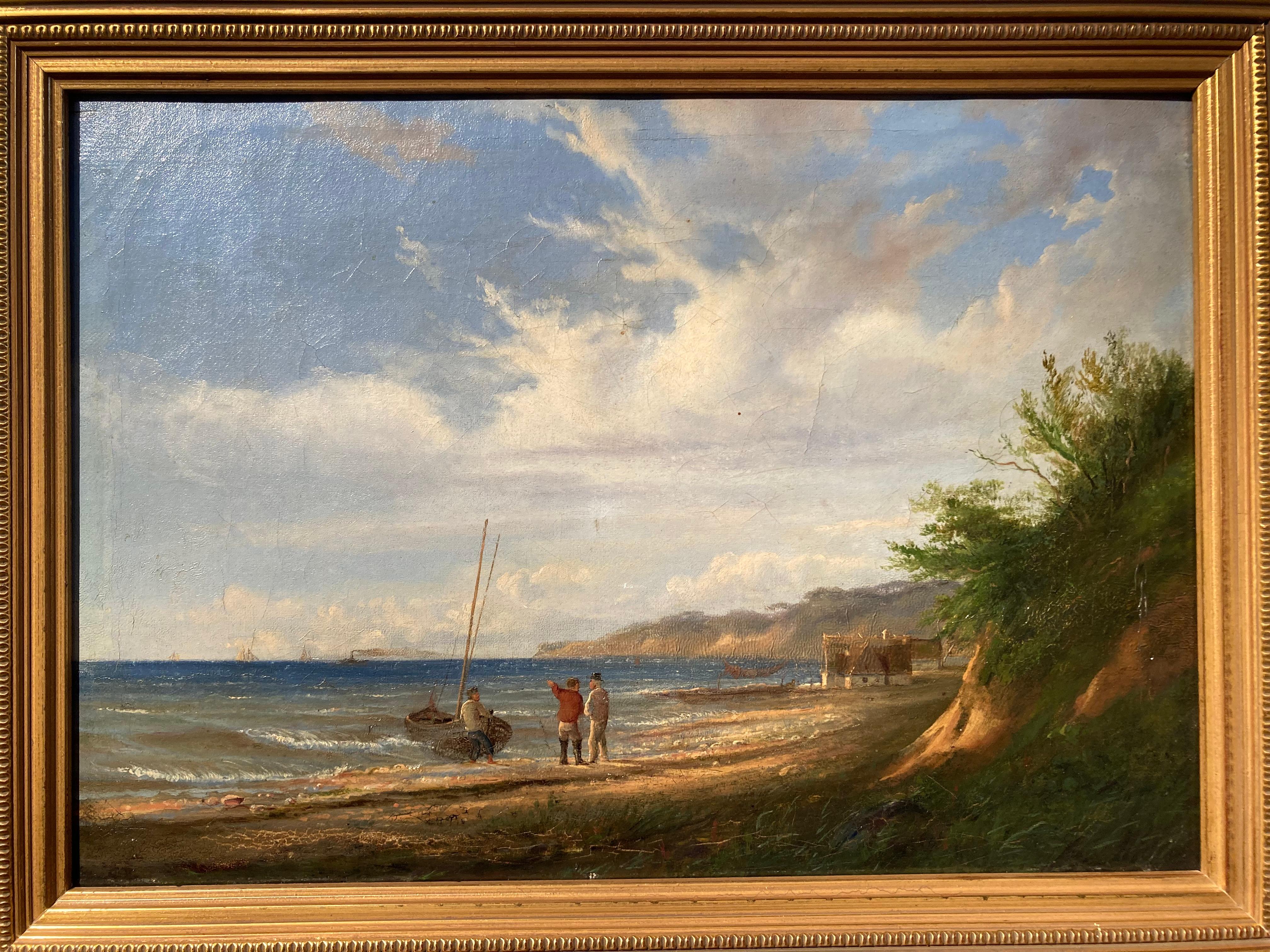 German Danish School, Decorative Marine Painting, Coastal Scene, Fishermen, Boat