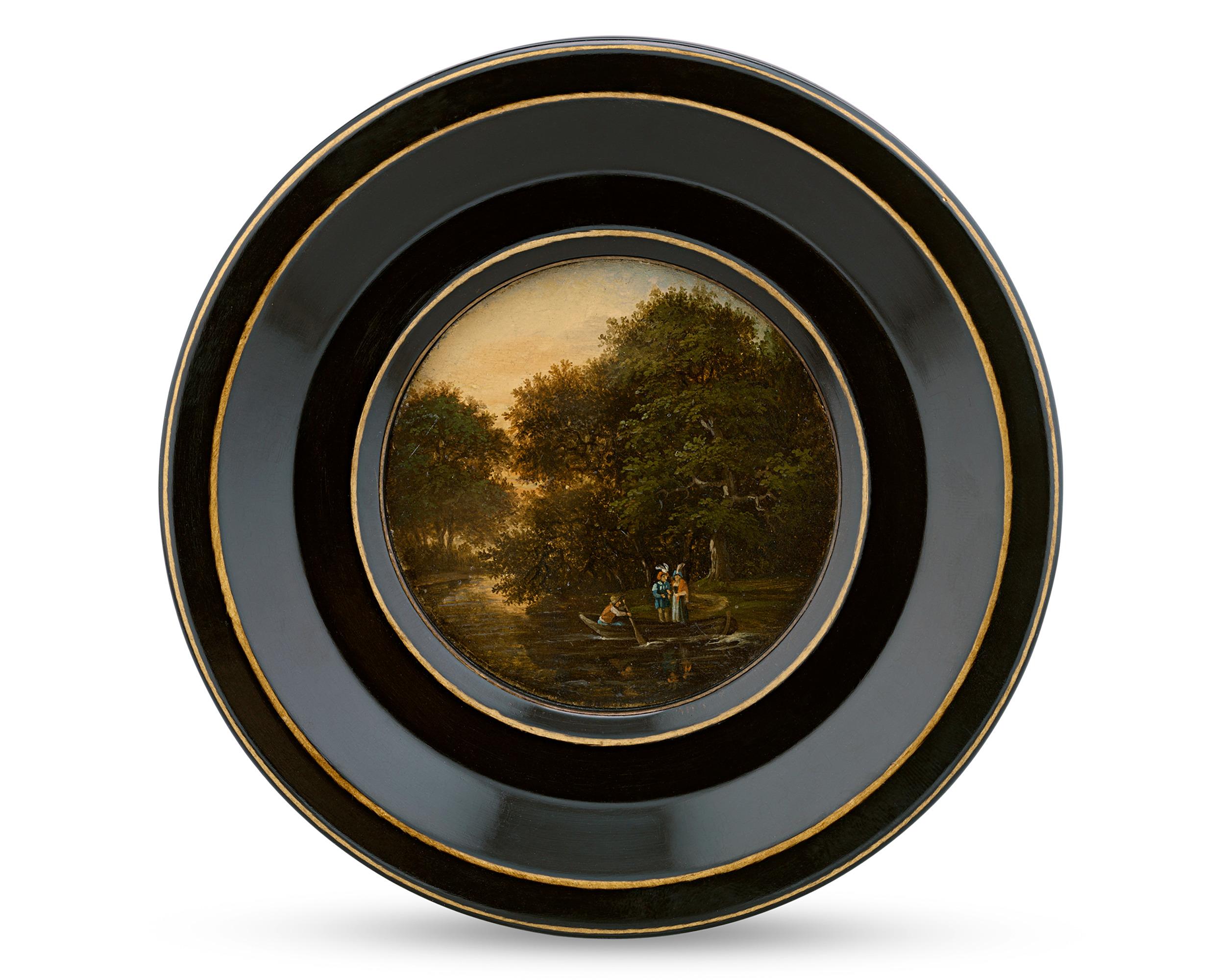 Unknown Landscape Painting – Deutsche Miniatur eines Bootsausflugs