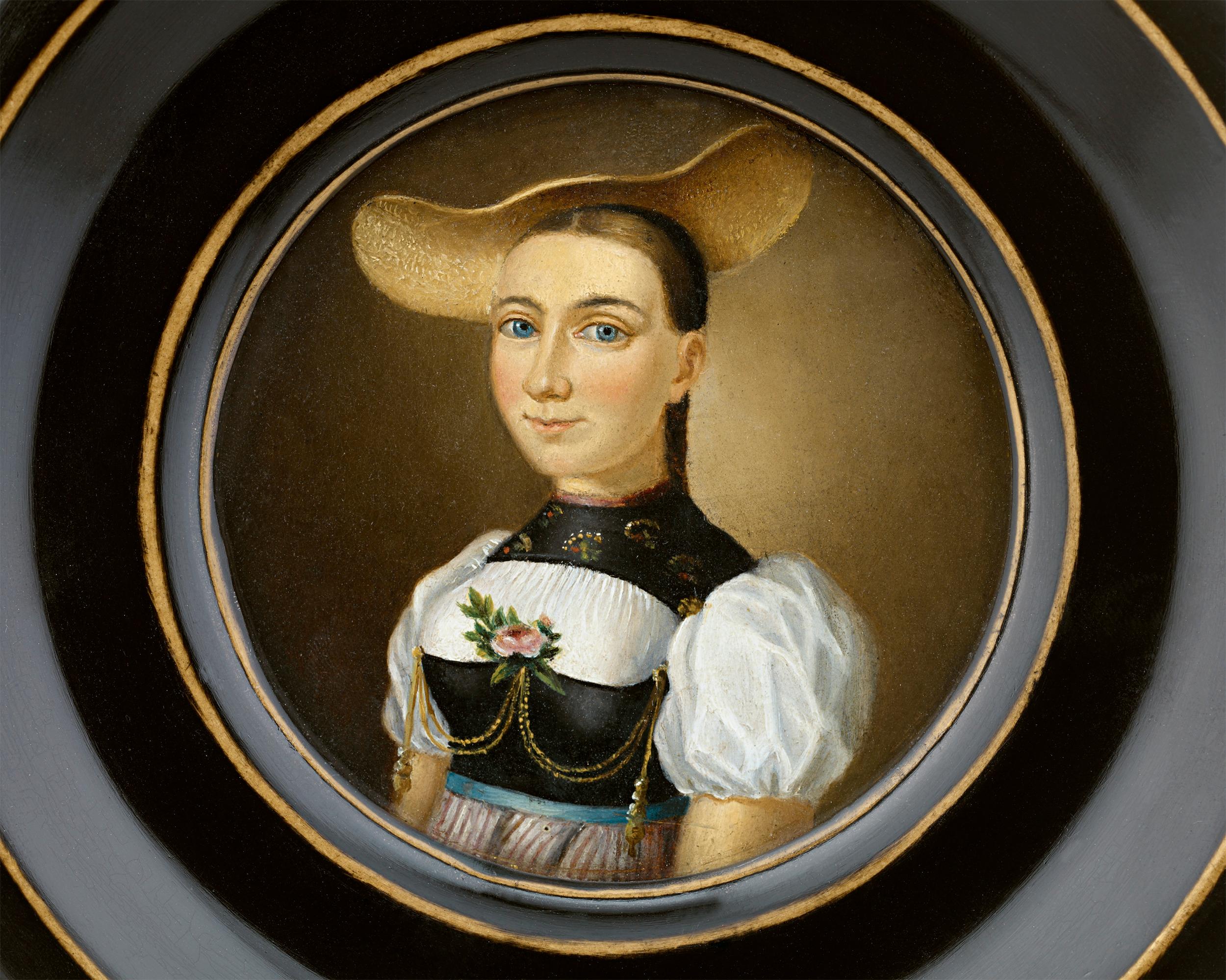 Deutsche Miniatur einer jungen Dame mit einem schicken Hut (Schwarz), Portrait Painting, von Unknown
