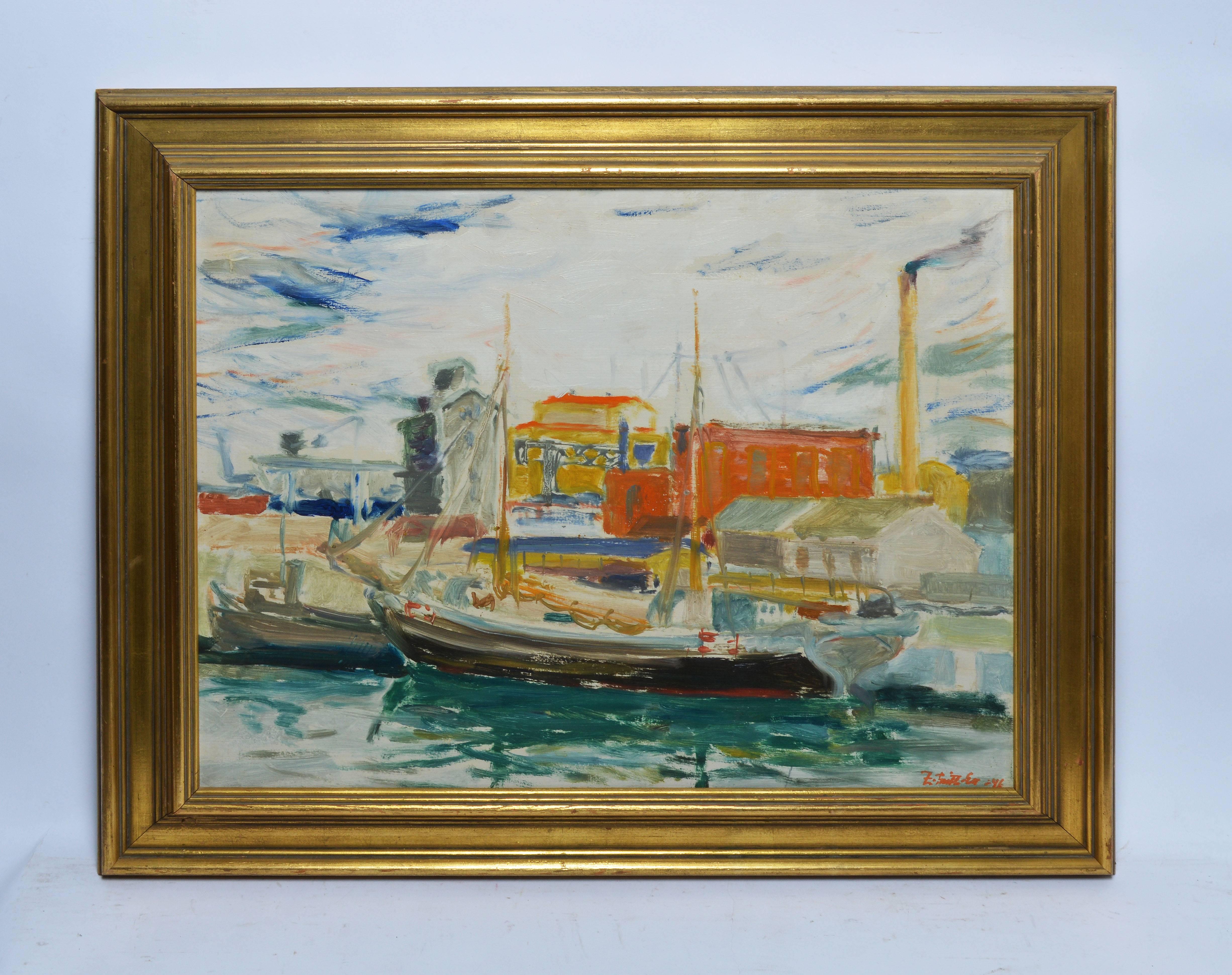 German Modernist Harbor View - Painting by Unknown