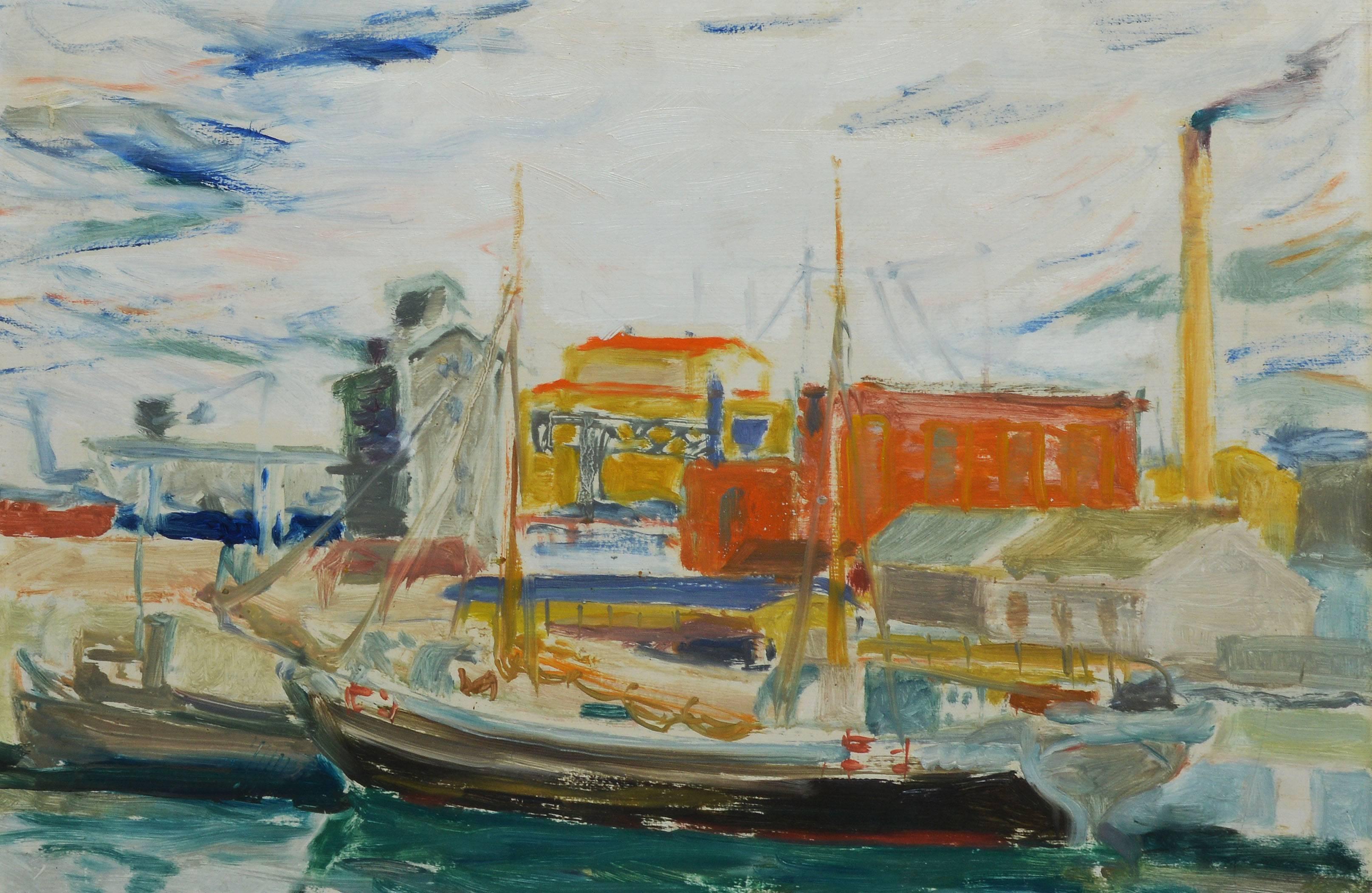 Modernist German harbor view.  Oil on board, circa 1930.  Signed illegibly lower right.  Displayed in a period giltwood frame.  Image size, 24