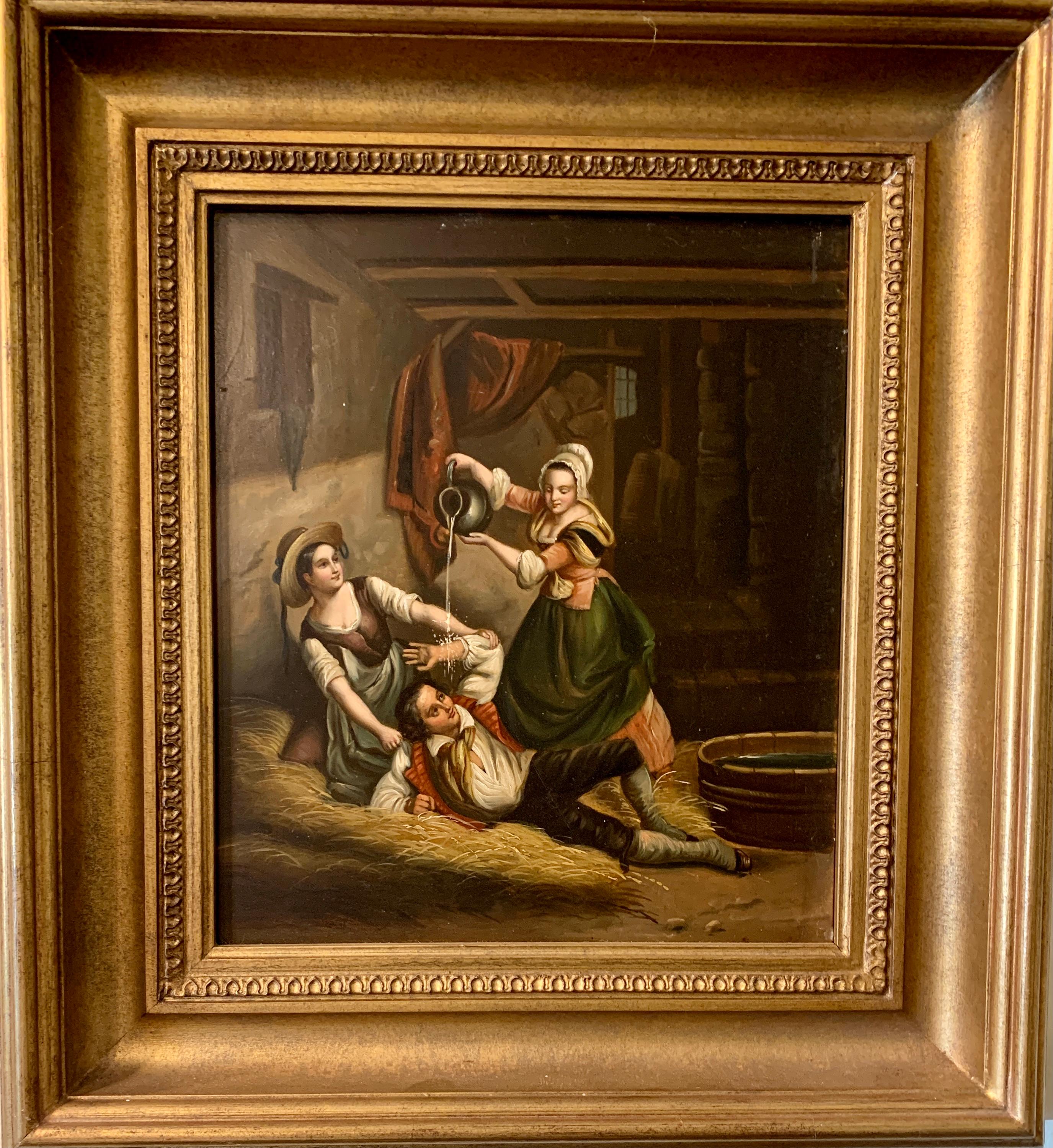Deutsches Ölgemälde, Figuren in einem Interieur/Hofspiel, 19. Jahrhundert, antik