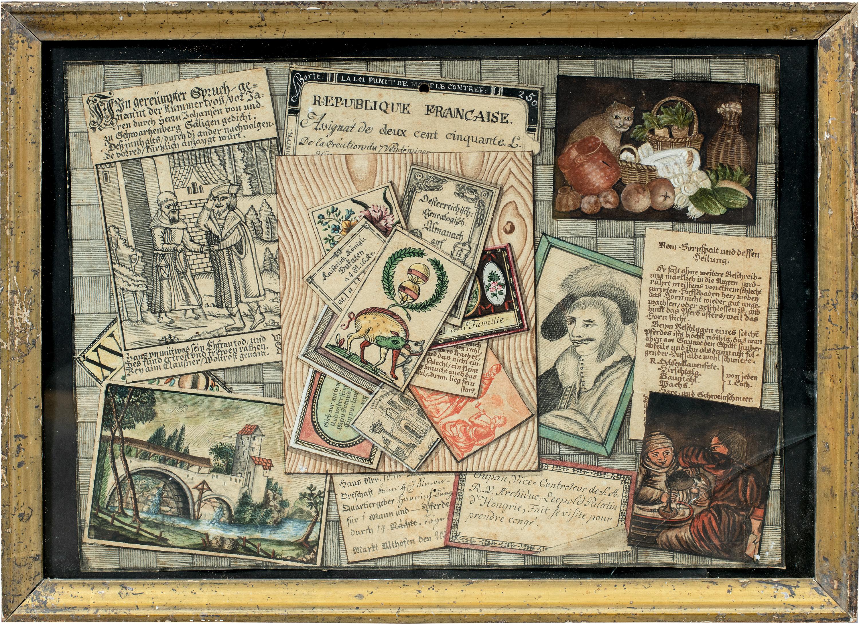 German painter - 18th century trompe l'oeil with engravings and still life