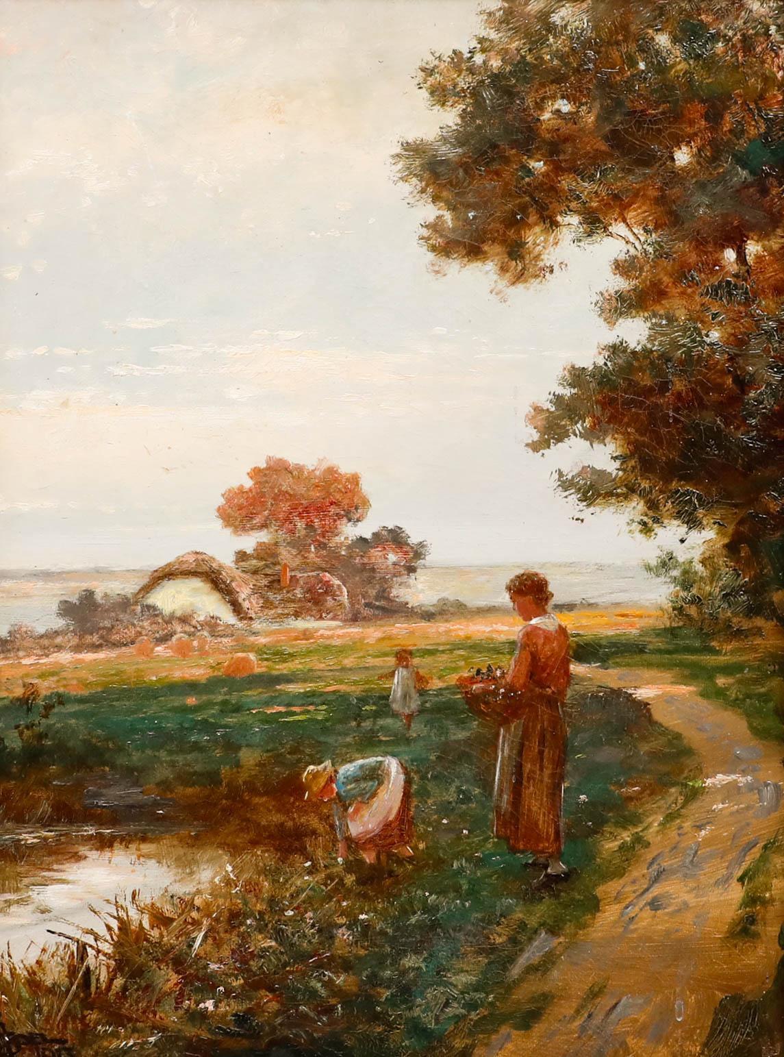 German School 1913 Oil - Collecting Flowers - Painting by Unknown