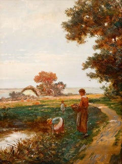 German School 1913 Oil - Collecting Flowers