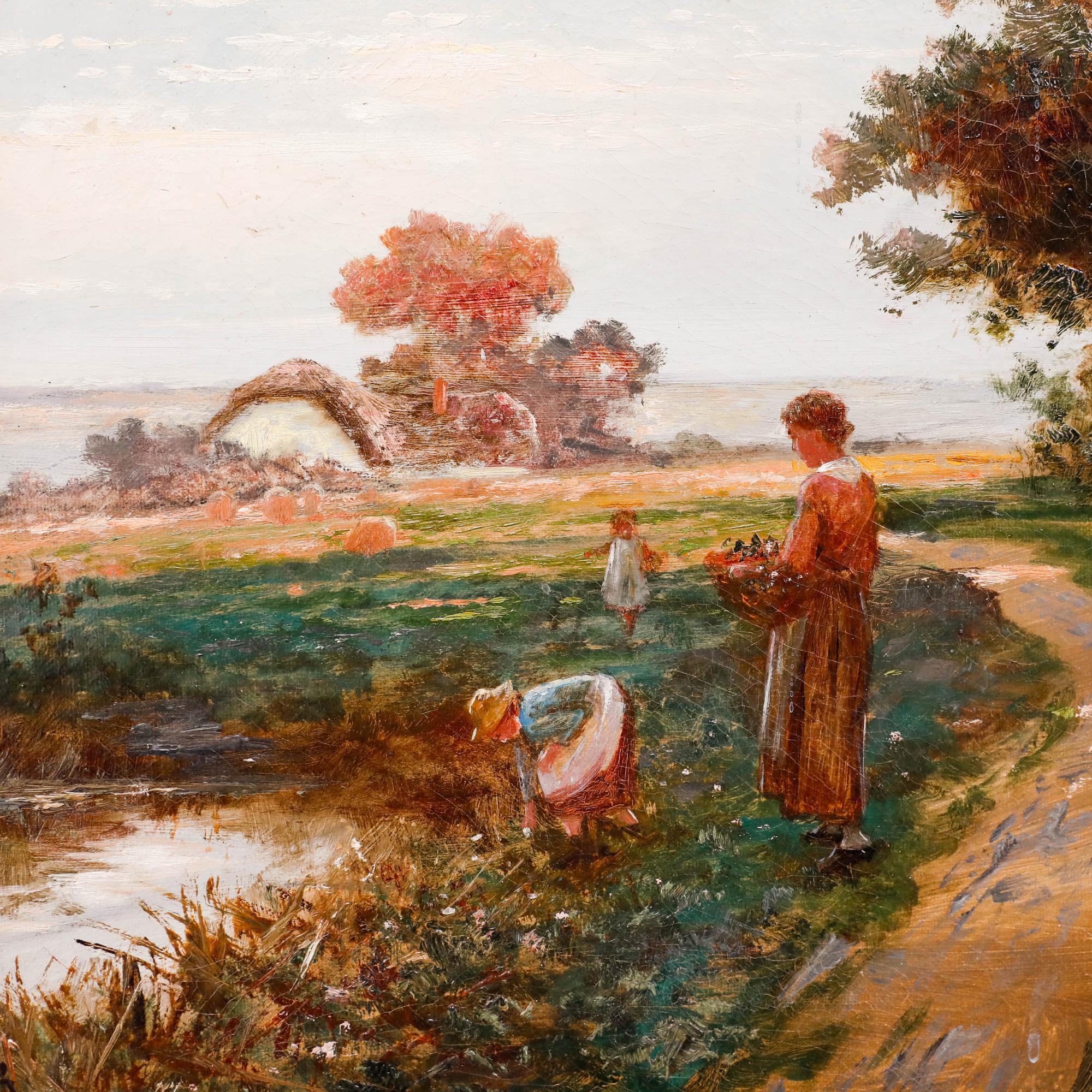 This pastoral landscape painting depicts a mother and her two daughters collecting flowers at the river's edge. The foreground frames the expansive countryside vista, rendered in warm earth tones that capture the golden light of either dawn or dusk