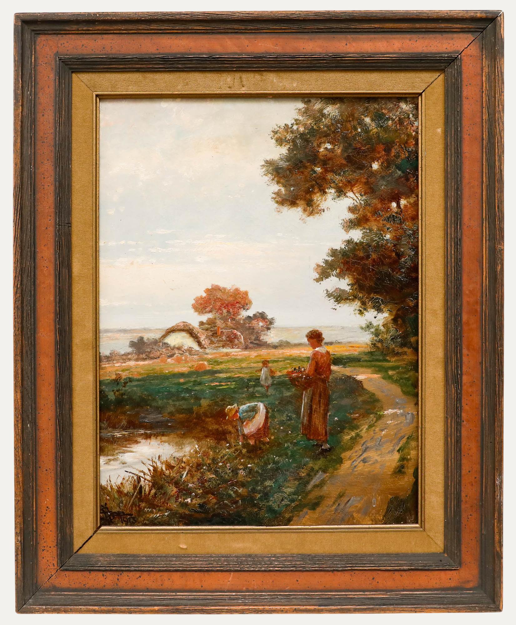 Unknown Landscape Painting - German School 1913 Oil - Collecting Flowers