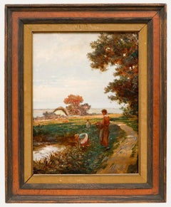 German School 1913 Oil - Collecting Flowers