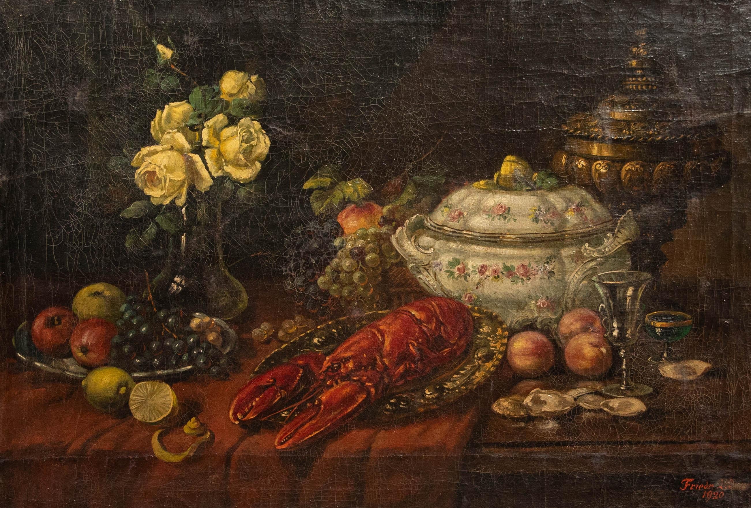 German School  1920 Aceite - Langosta, Ostras y Frutas - Painting de Unknown