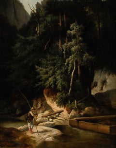German School 19th Century Oil - Angler in the Forest