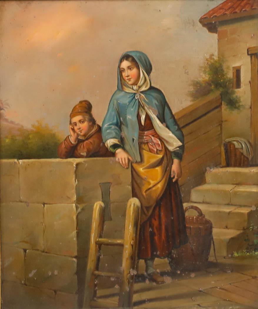 École allemande  Huile du 19e siècle - Mère et fils - Painting de Unknown
