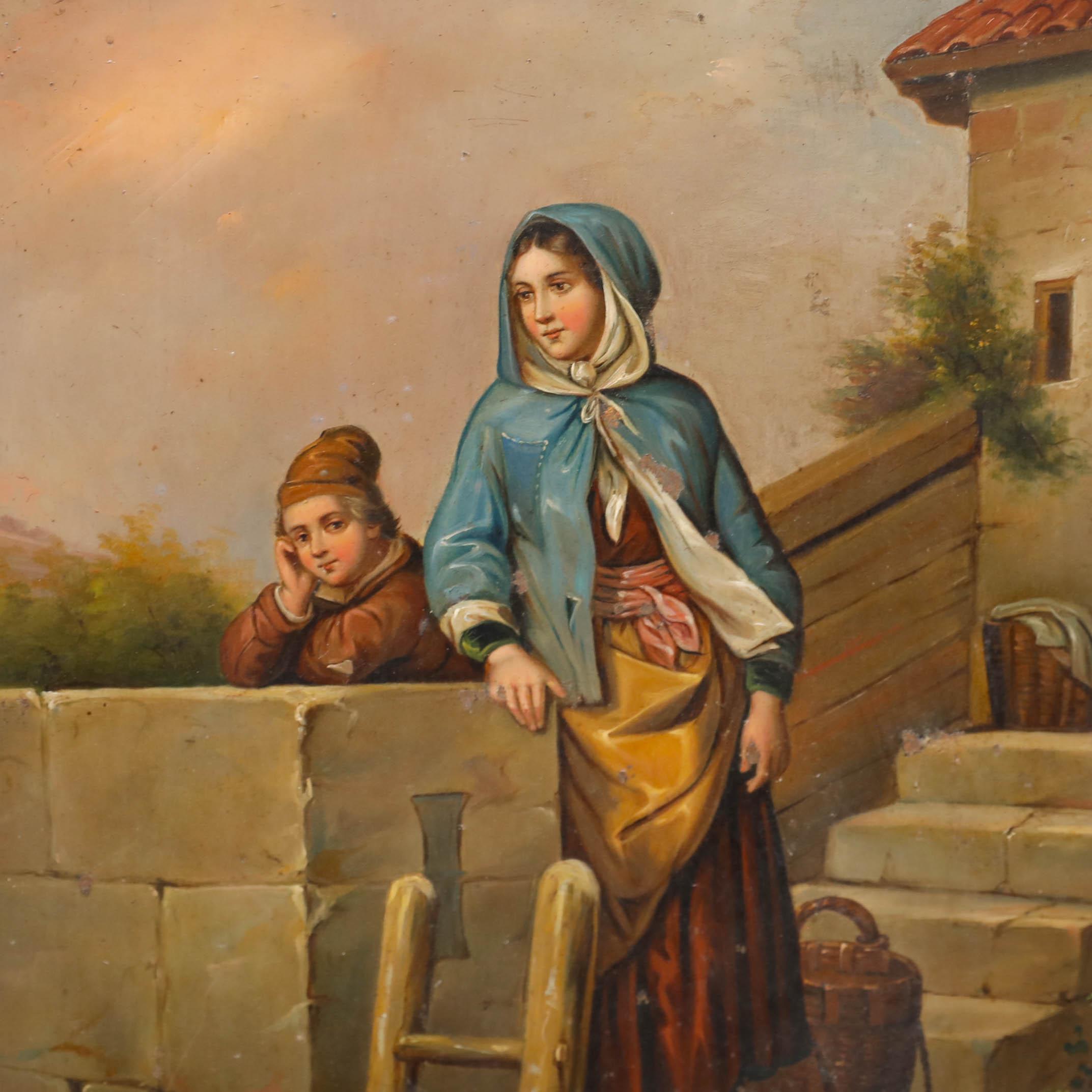 École allemande  Huile du 19e siècle - Mère et fils - Marron Figurative Painting par Unknown