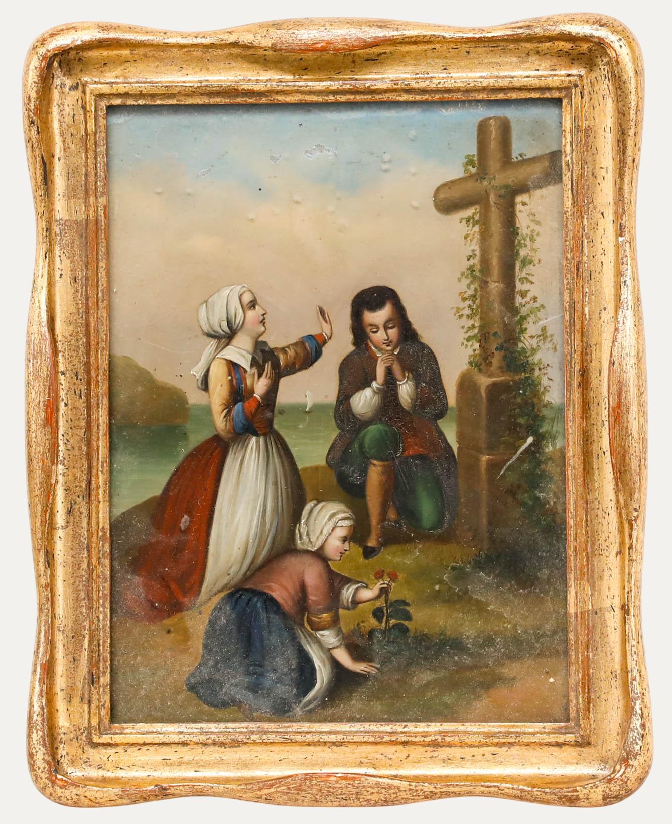 Unknown Figurative Painting - German School 19th Century Oil - Paying Respects