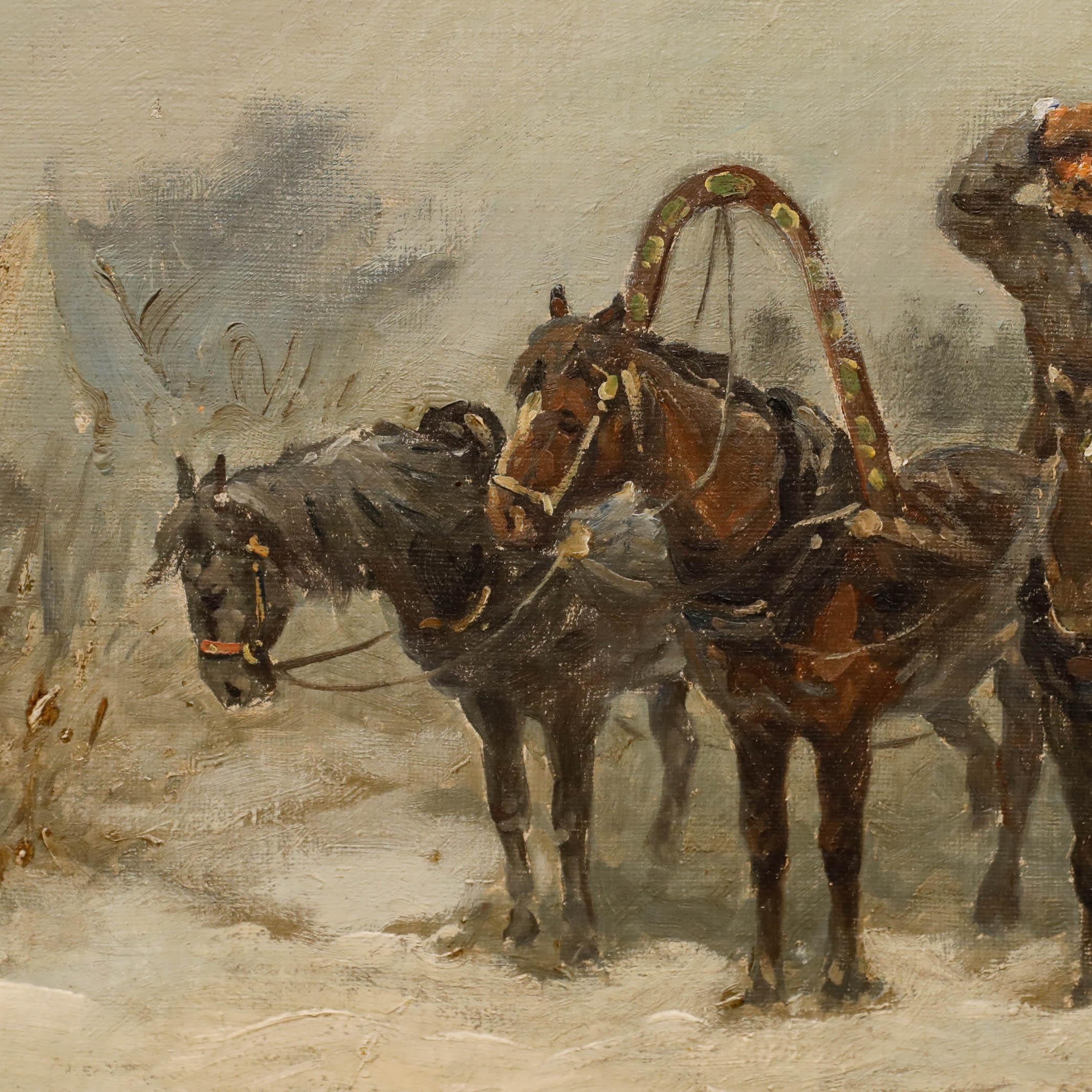 This harsh winter scene depicts a horse-drawn sleigh paused in a remote snow-covered landscape. The man looks to be lost as he makes his three horses stand while deciding their next course. The painting has been well presented in an antique gilt