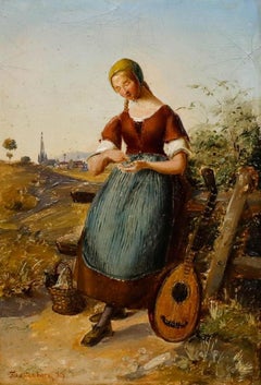 German School 19th Century Oil - Woman with Basket & Mandolin